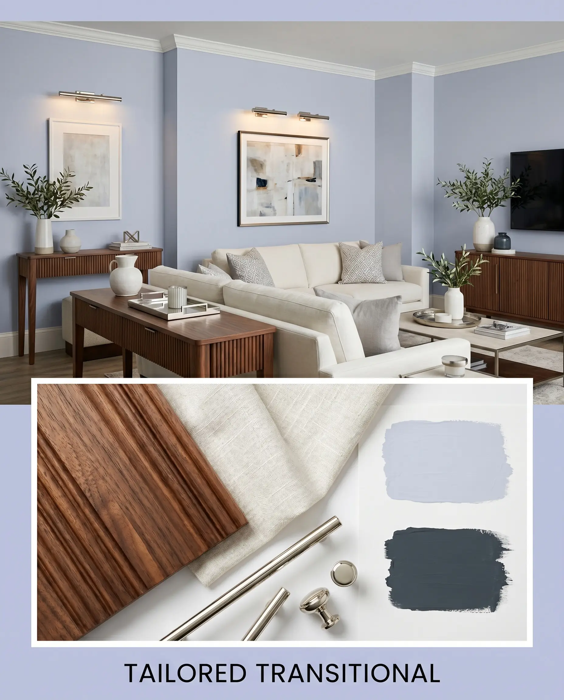 Fluted walnut furniture and an ivory washed linen sofa highlight a tailored transitional material flat-lay featuring cool-toned pastel and deep charcoal paint applications.