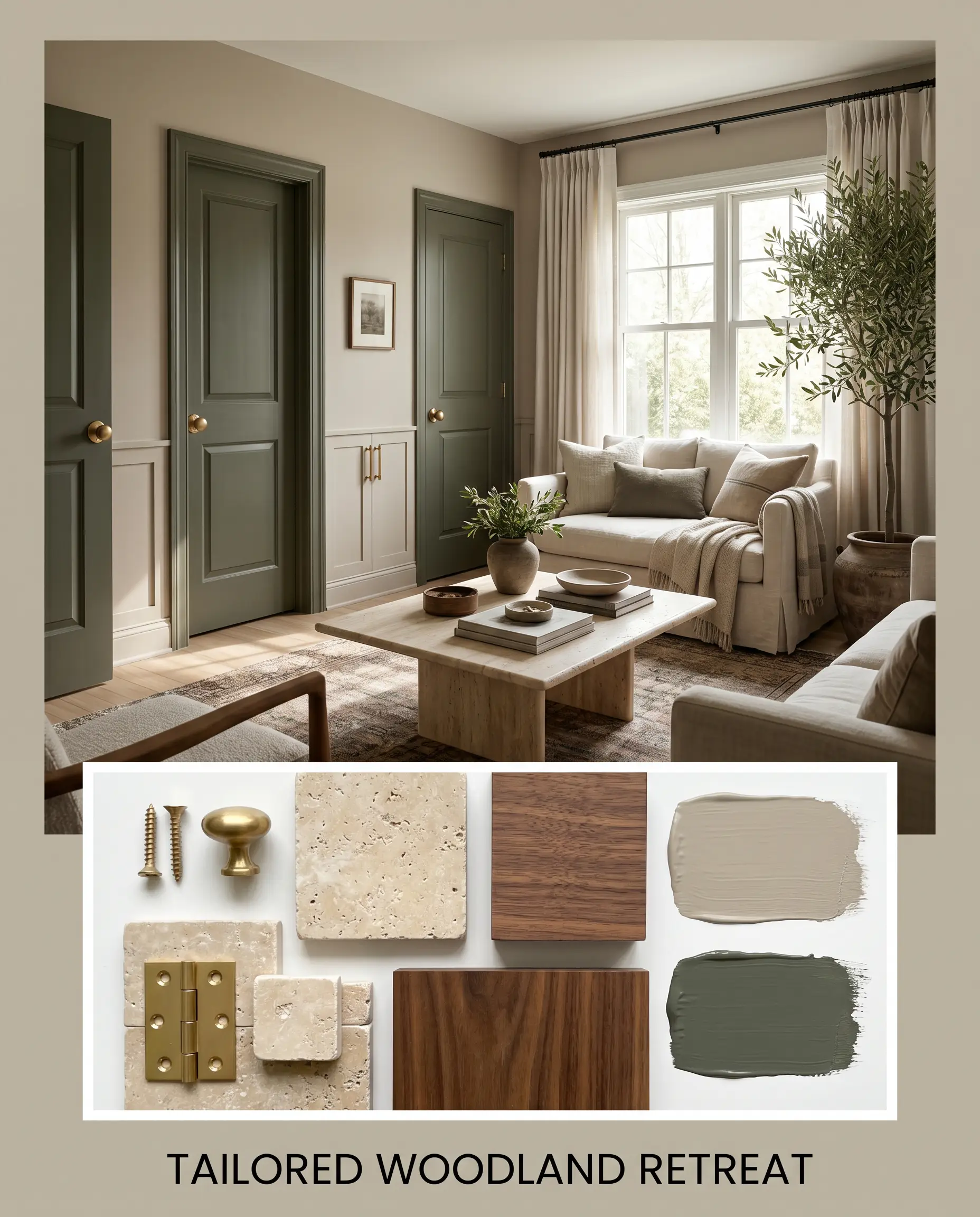A tailored woodland retreat concept board showcases unlacquered brass hardware, tumbled travertine, and rich walnut wood alongside paint textures of BM Pashmina and SW Rosemary.