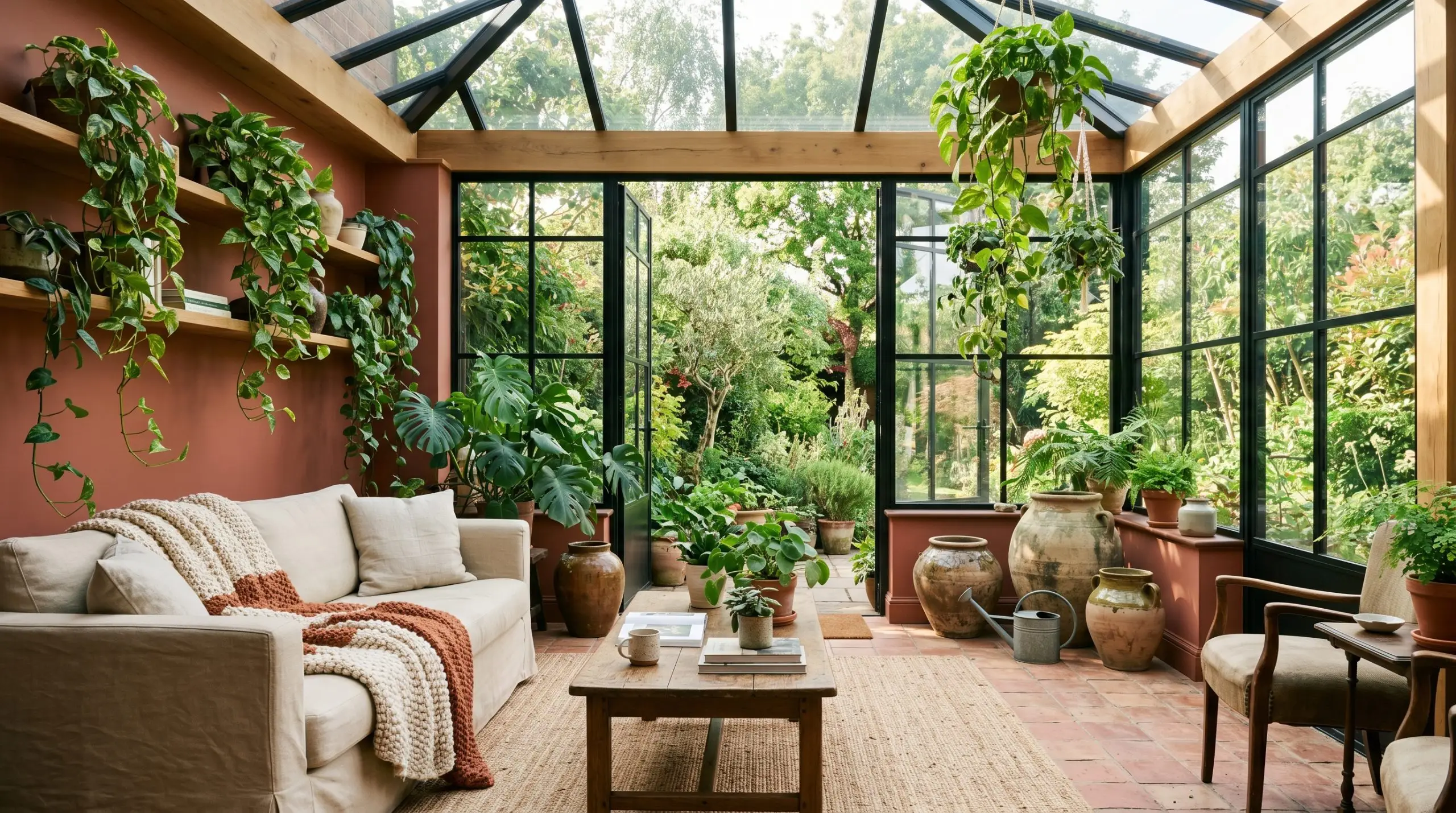Authentic terracotta floor tiles anchor a slipcovered canvas sofa, woven sisal rugs, and oversized ceramic vessels filled with trailing pothos plants.