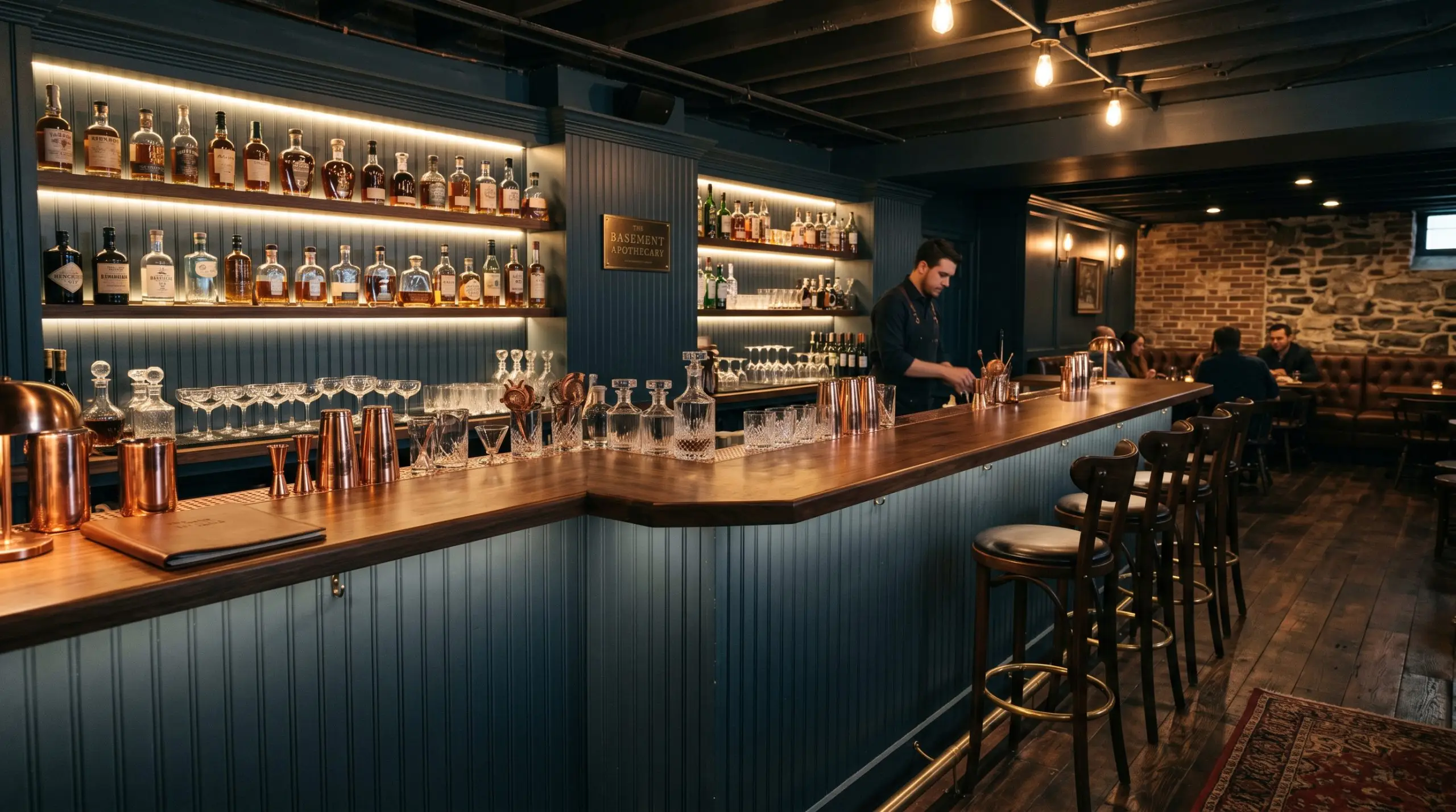 Aged copper barware and amber liquor bottles line rich walnut countertops against heavily textured dark blue-green beadboard paneling in a moody speakeasy alcove.