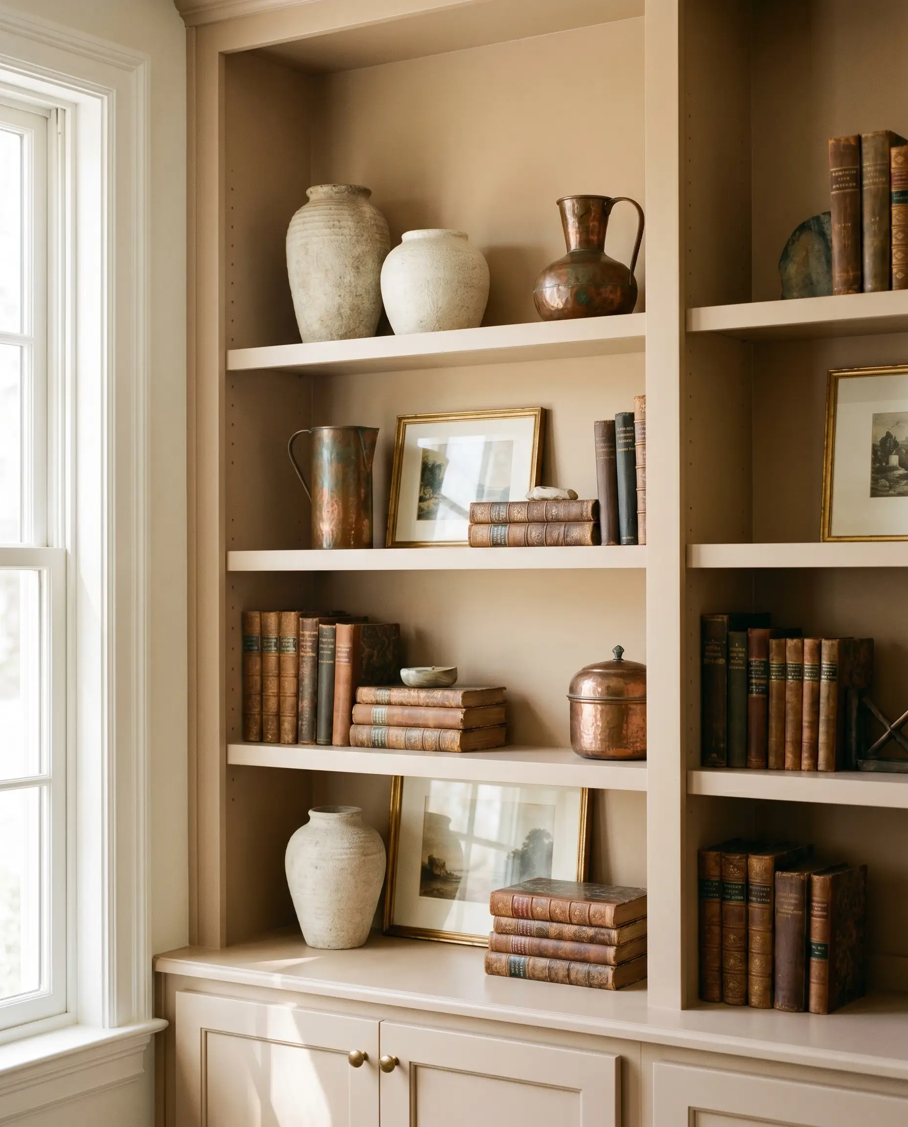 Built-in millwork painted in an earthy tan showcases styled shelves holding textured ceramic vases, oxidized copper accents, and vintage leather-bound books.