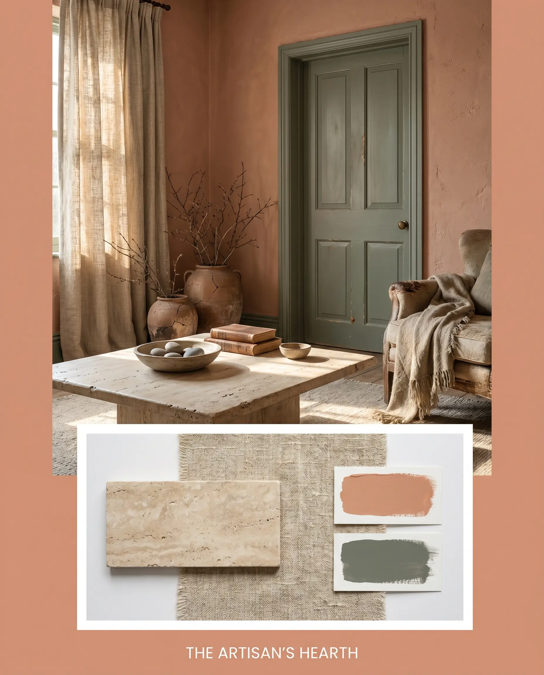 A rustic interior vignette featuring a honed travertine coffee table rests above a material flat-lay of slubby oatmeal linen and muted brownish-orange baked clay swatches.