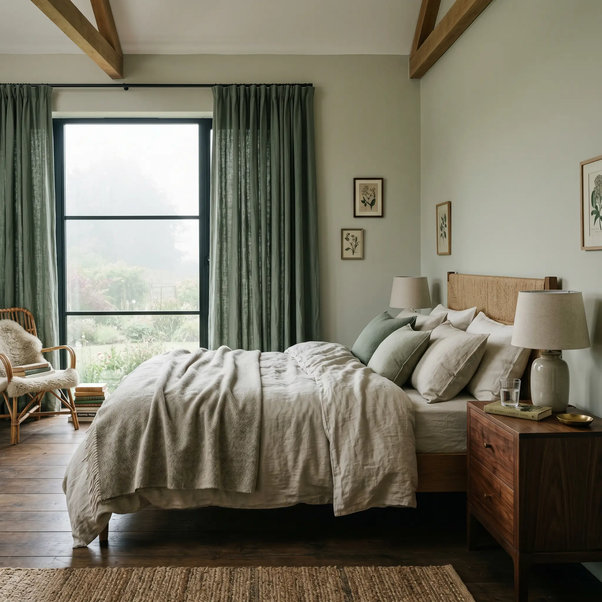 Floor-to-ceiling tonal green drapery frames a bed layered in heavy oatmeal linens, set against walls painted in Farrow & Ball Cromarty (Hex #caccc0).