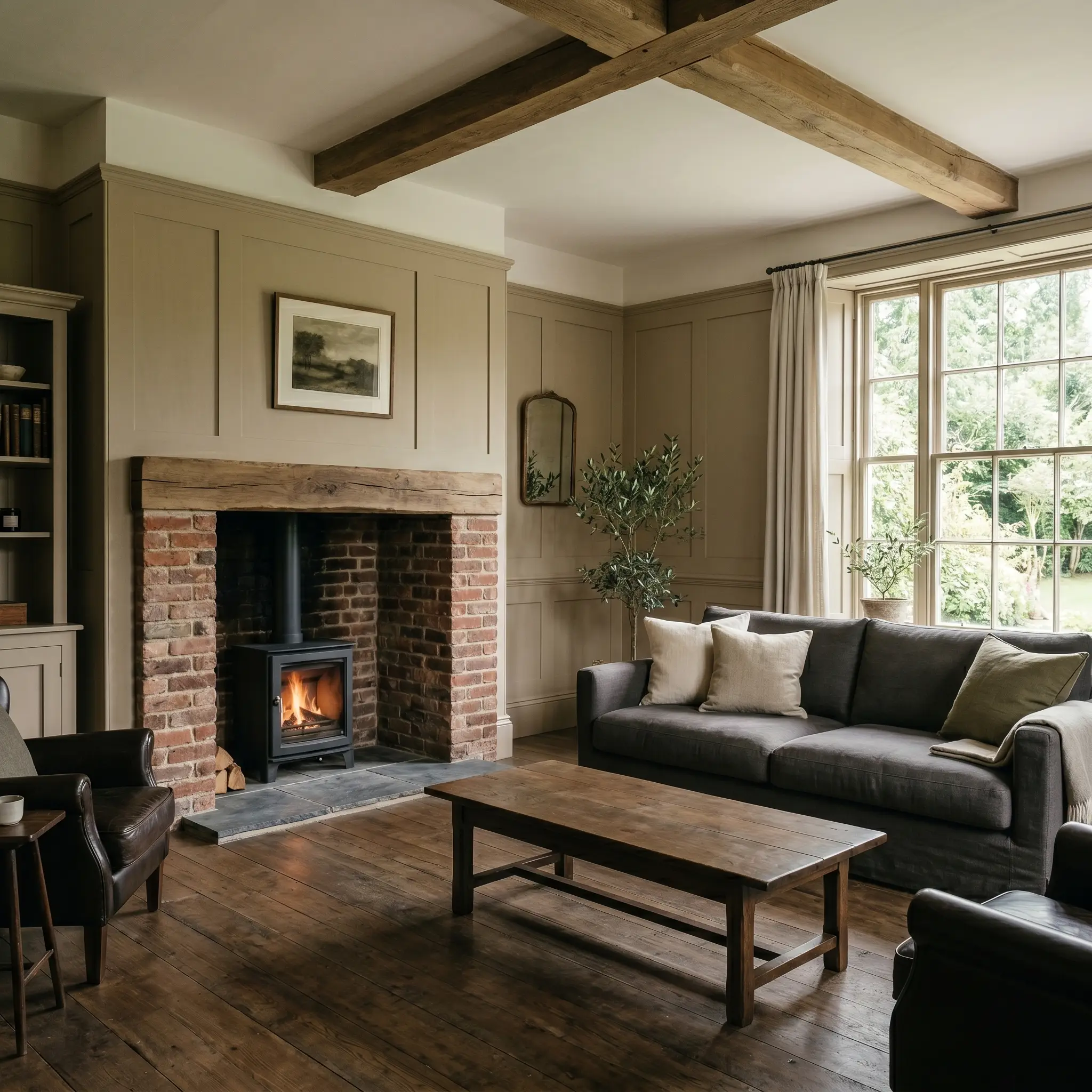 A standard charcoal linen sofa faces a classic brick fireplace against smooth walls finished in F&B Drop Cloth No. 283.