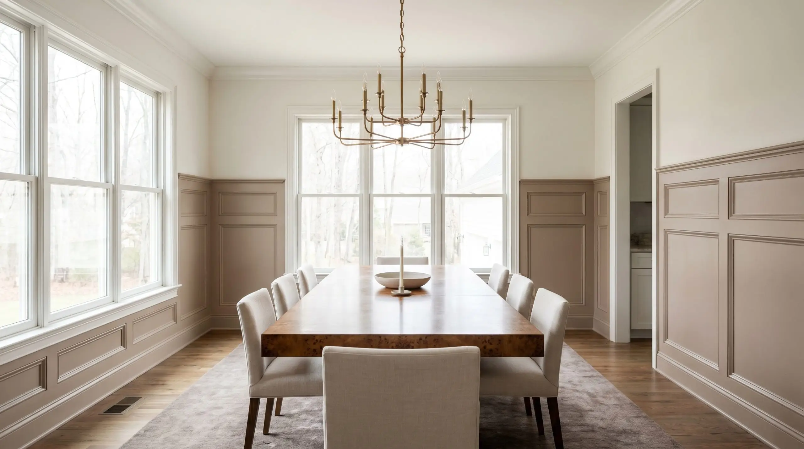 A vintage burl wood dining table and unlacquered brass lighting sit within a formal room featuring lower wainscoting painted in Behr Mocha Foam (Hex #bba28e).