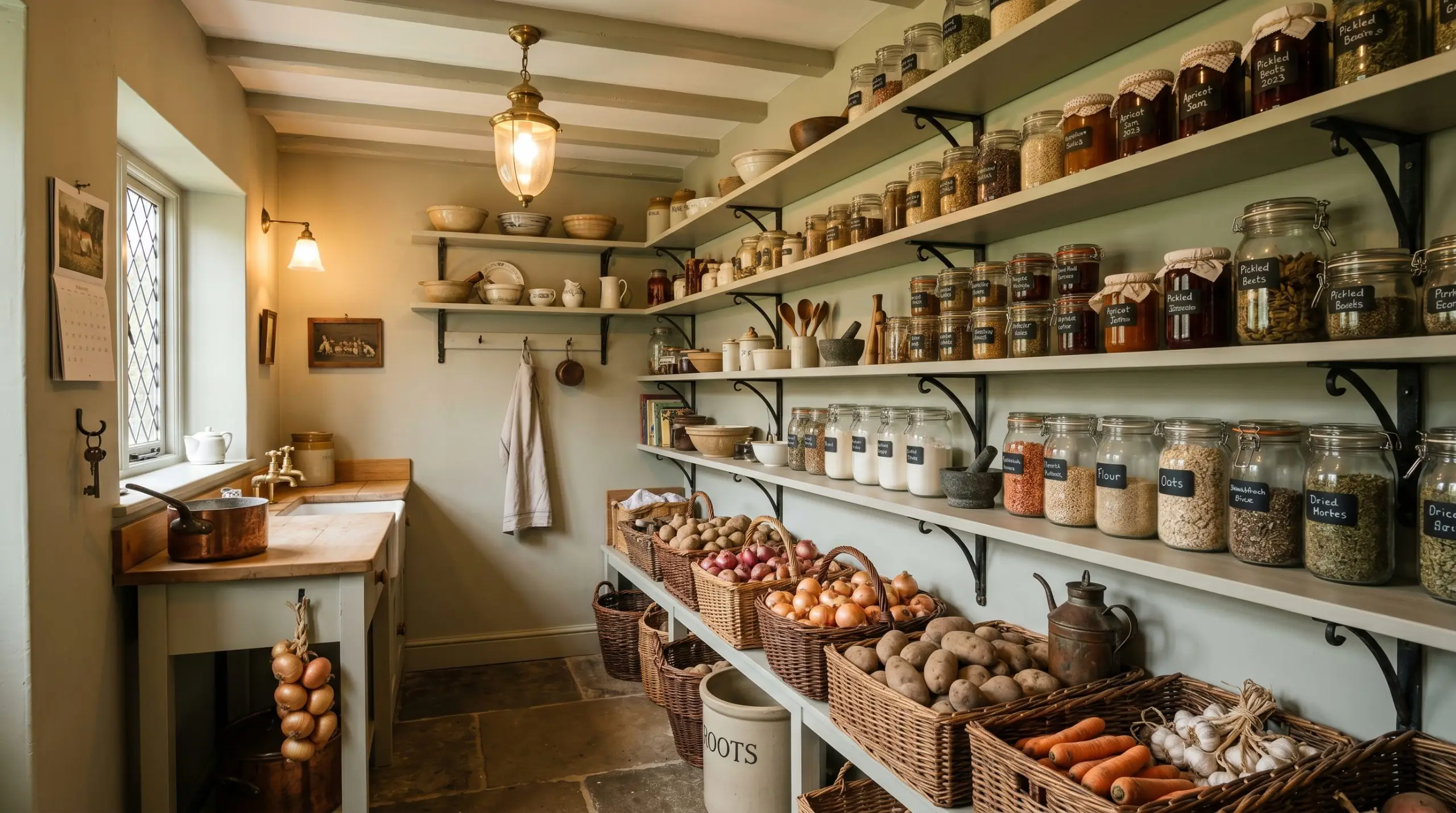 Glass jars, woven baskets, and root vegetables line open shelving painted in a chalky atmospheric neutral within a deeply traditional scullery pantry.