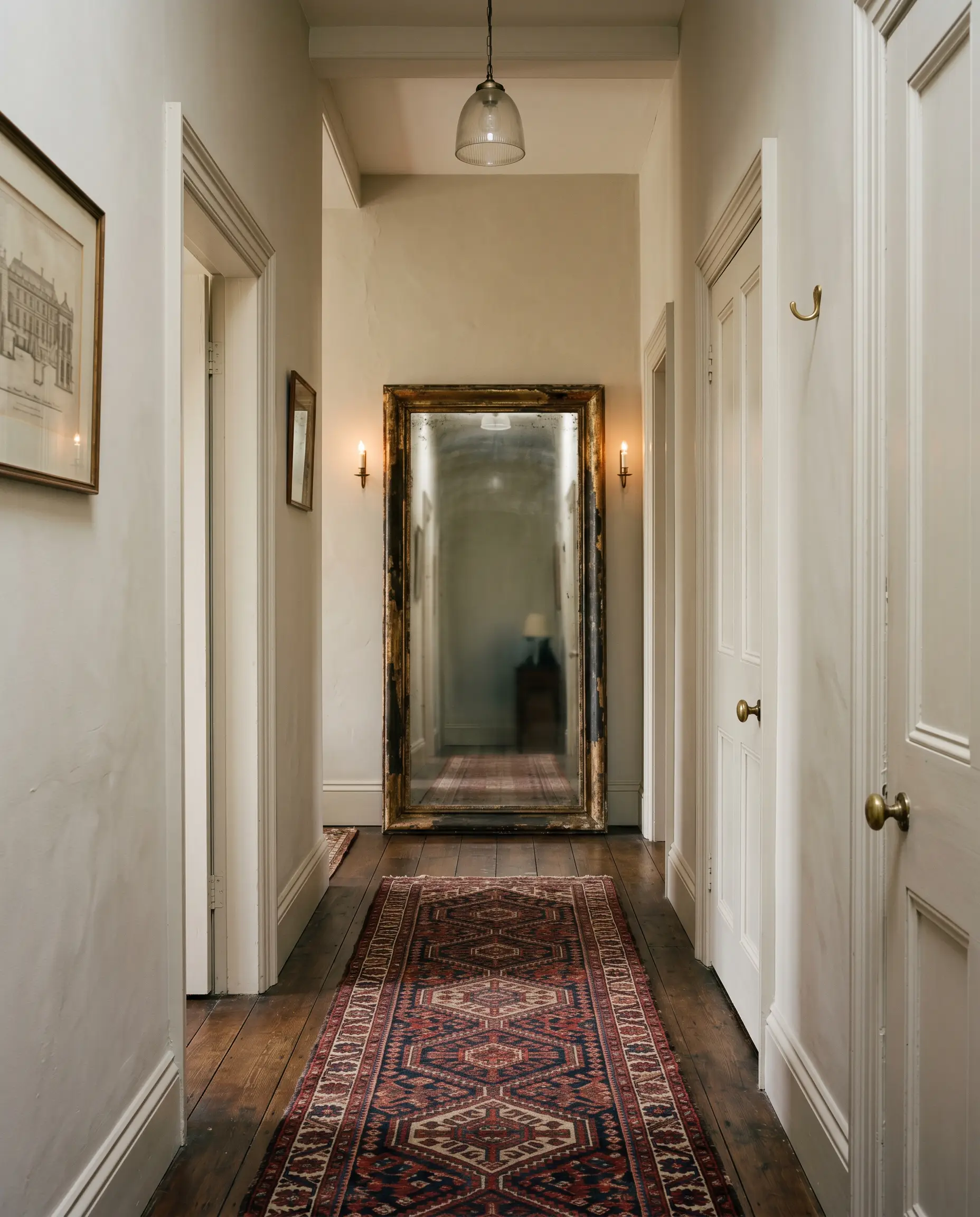 An oversized antiqued floor mirror reflects light down a narrow transitional hallway featuring a vintage runner rug and soft greige walls.