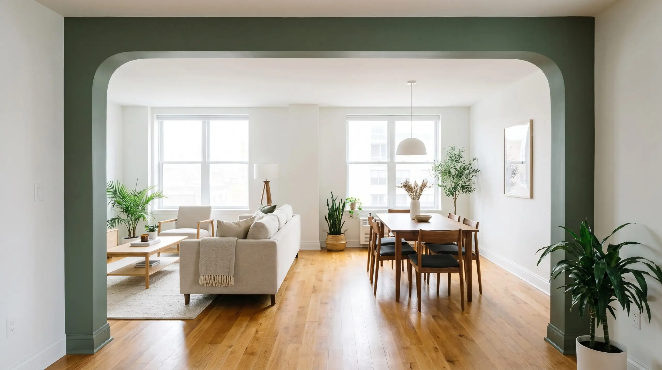 A transitional archway painted in a muted olive-green tone acts as a distinct architectural boundary, framing warm honey oak floors and a neutral linen sofa.