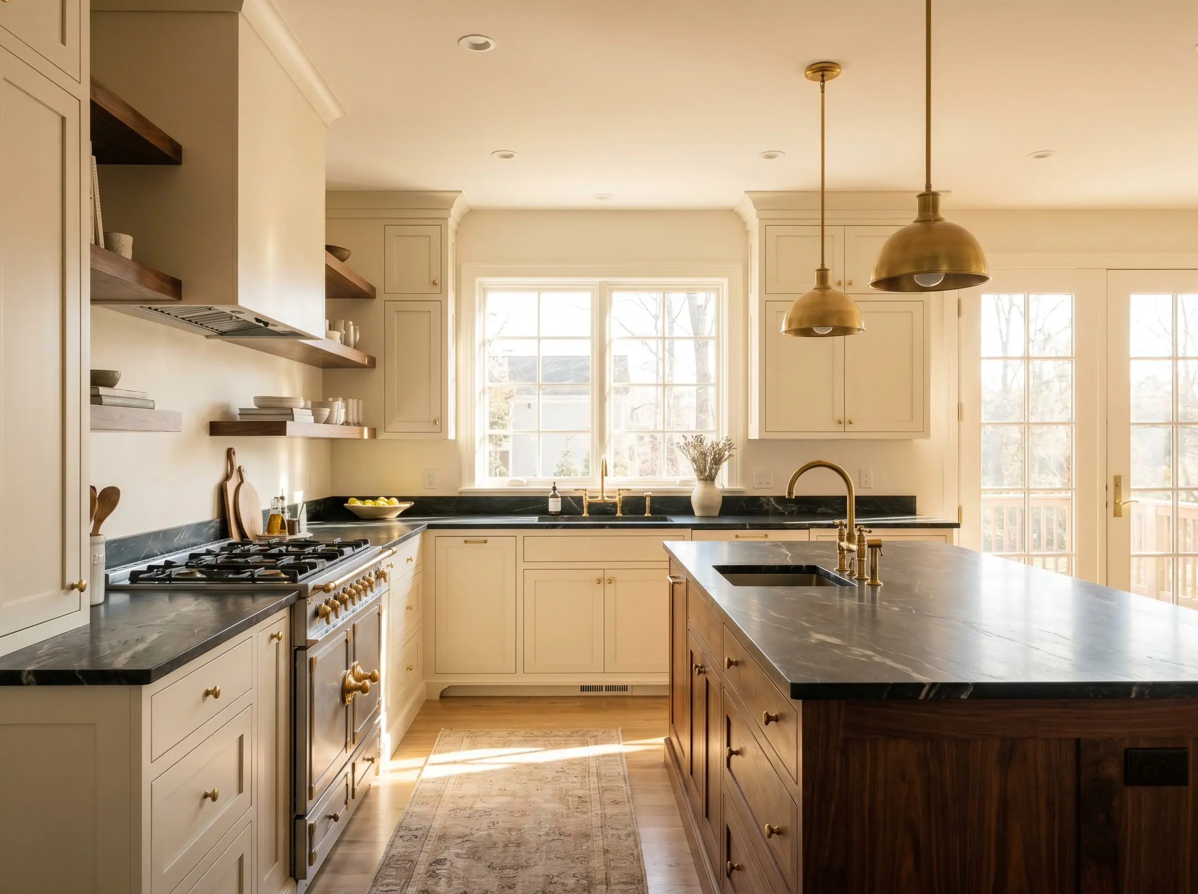 Unlacquered brass fixtures and a richly stained walnut island contrast beautifully against warm off-white kitchen cabinets and dark veined soapstone countertops.