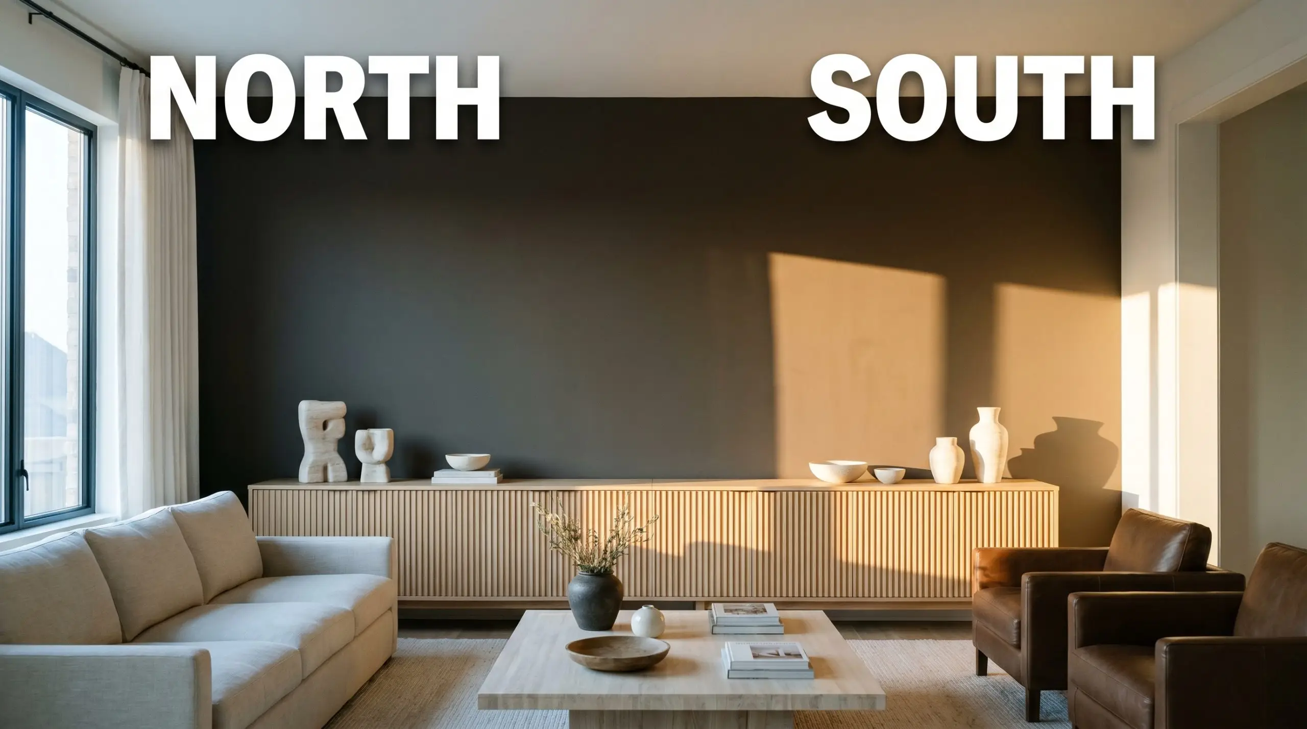 A continuous dark brown living room wall shifts from cool indirect North-facing light to warm direct South-facing afternoon sun behind a fluted white oak console.