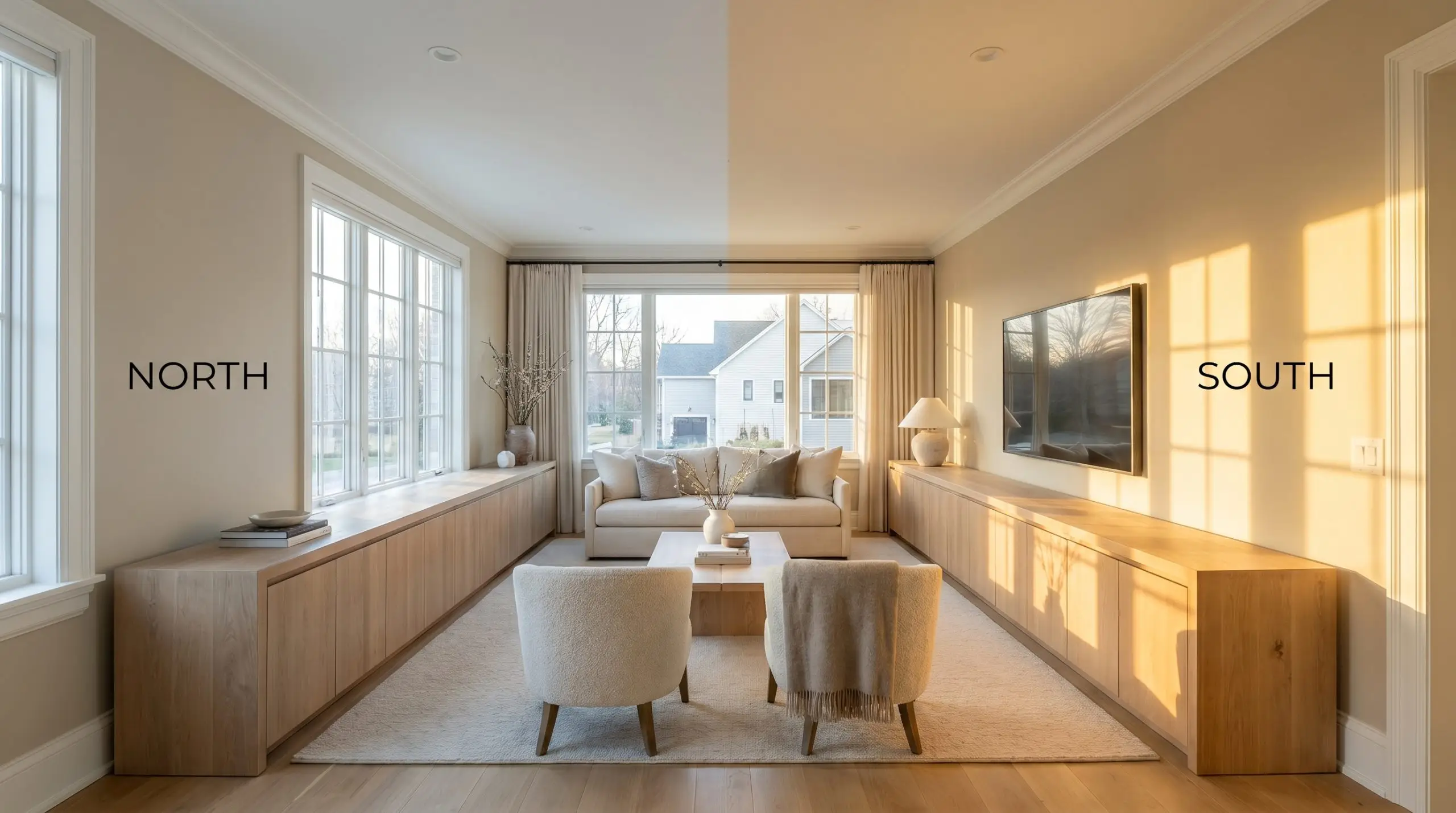 A raw oak console table spans a transitional living room painted in PPG Soft Suede, shifting from a cool earthy neutral in North-facing daylight to a warm tan in South-facing sunlight.