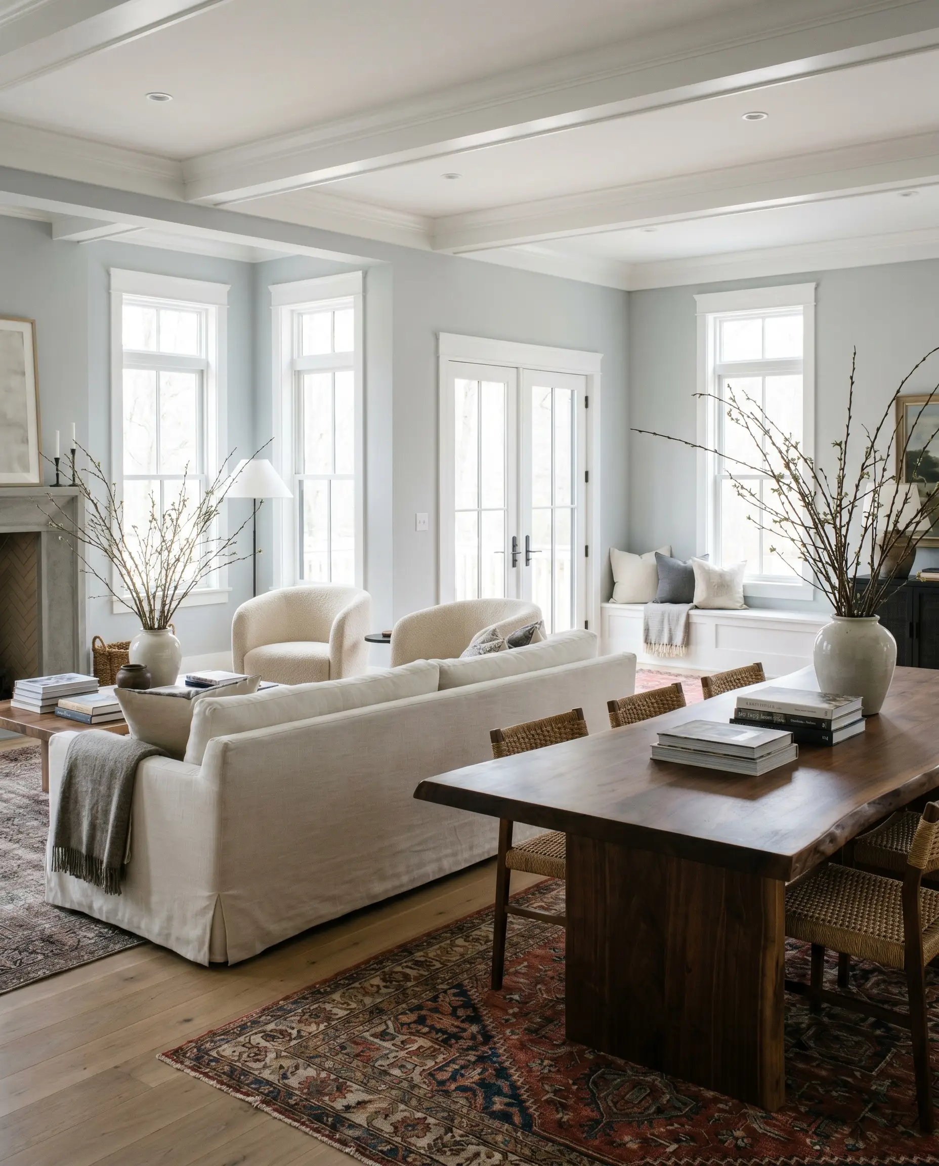 Textural bouclé accent chairs and a live-edge walnut dining table furnish a transitional open-concept living area featuring matte white oak flooring and vintage rugs.