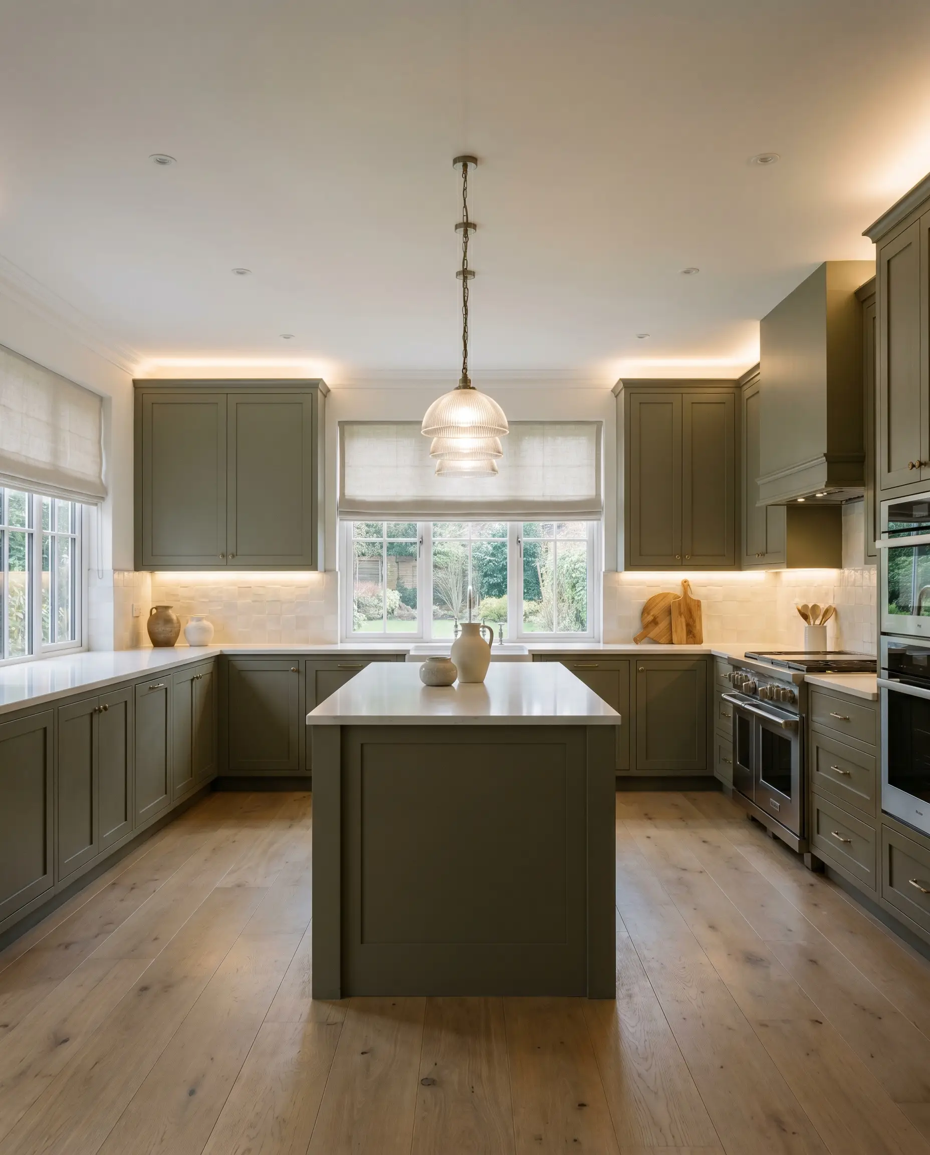 Transitional shaker-style kitchen cabinetry painted in Benjamin Moore Dark Olive (Hex #616253) pairs with a handmade zellige tile backsplash and white oak flooring.