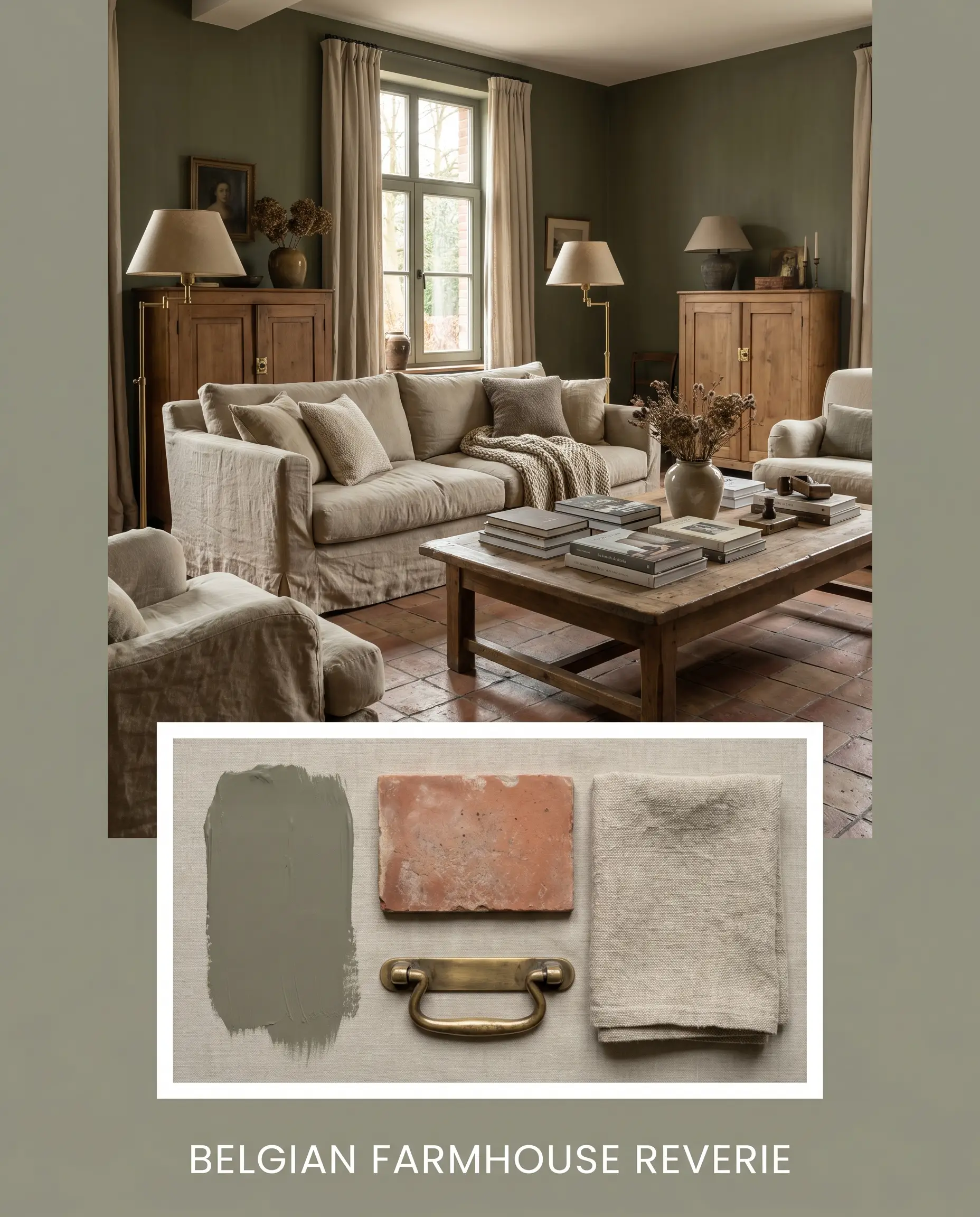 An editorial concept board titled BELGIAN FARMHOUSE REVERIE displays a lived-in room alongside an inset flat-lay featuring an earthy grey-green paint swatch, terracotta tile, unlacquered brass, and raw linen.