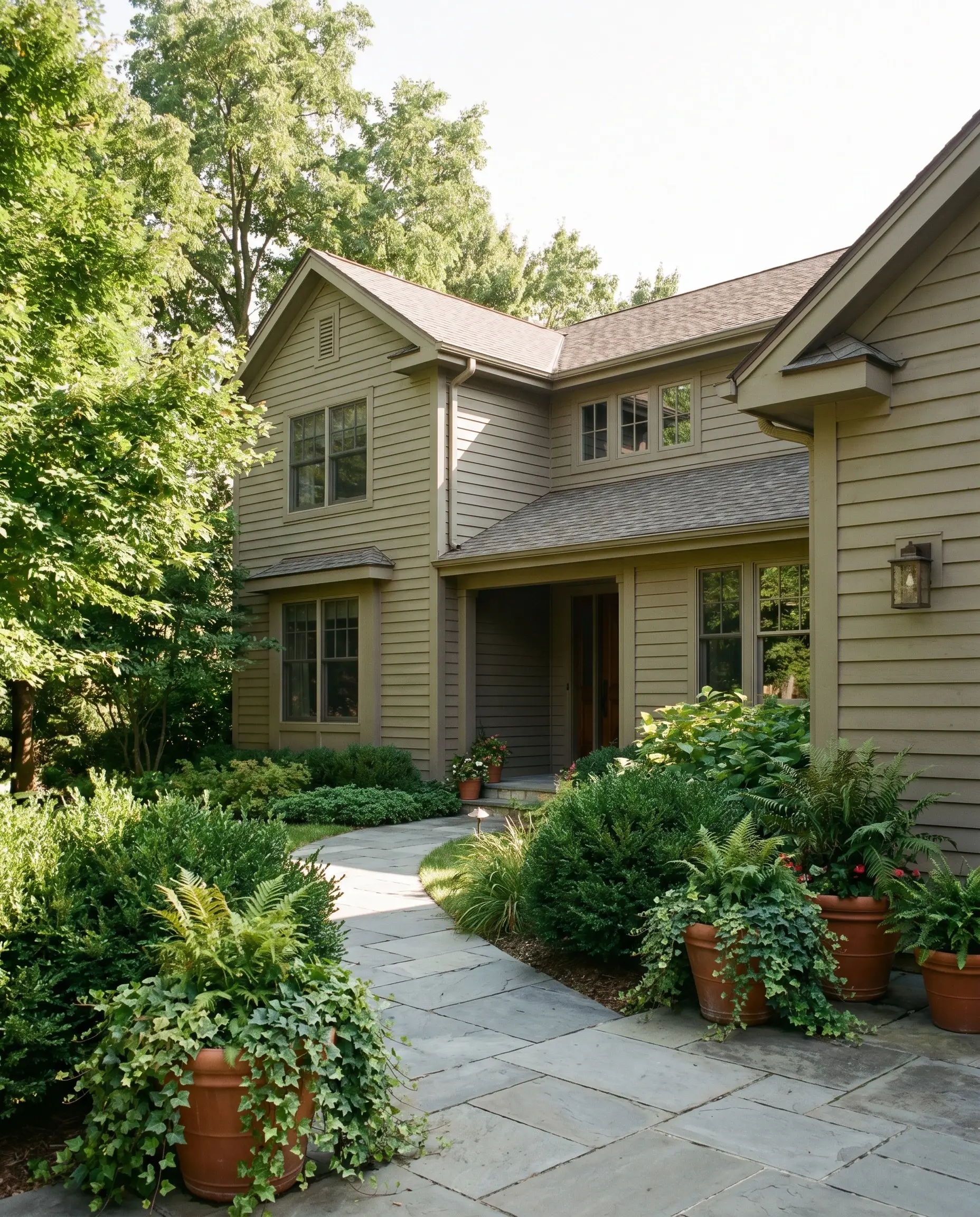 Traditional neutral wood siding and trim frame a transitional home exterior featuring a soapstone pathway, dense surrounding foliage, and terracotta planters with trailing ivy.