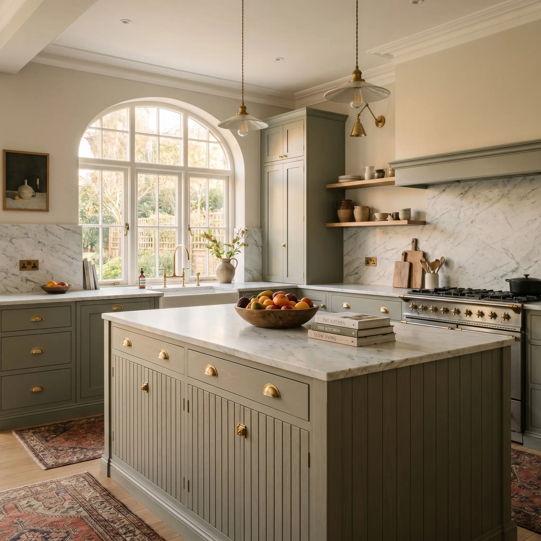 Extensive kitchen cabinetry and a central island painted in Farrow & Ball Treron (Hex #8c8c7a) anchor a space with fluted white oak accents and heavily veined Carrara marble countertops.