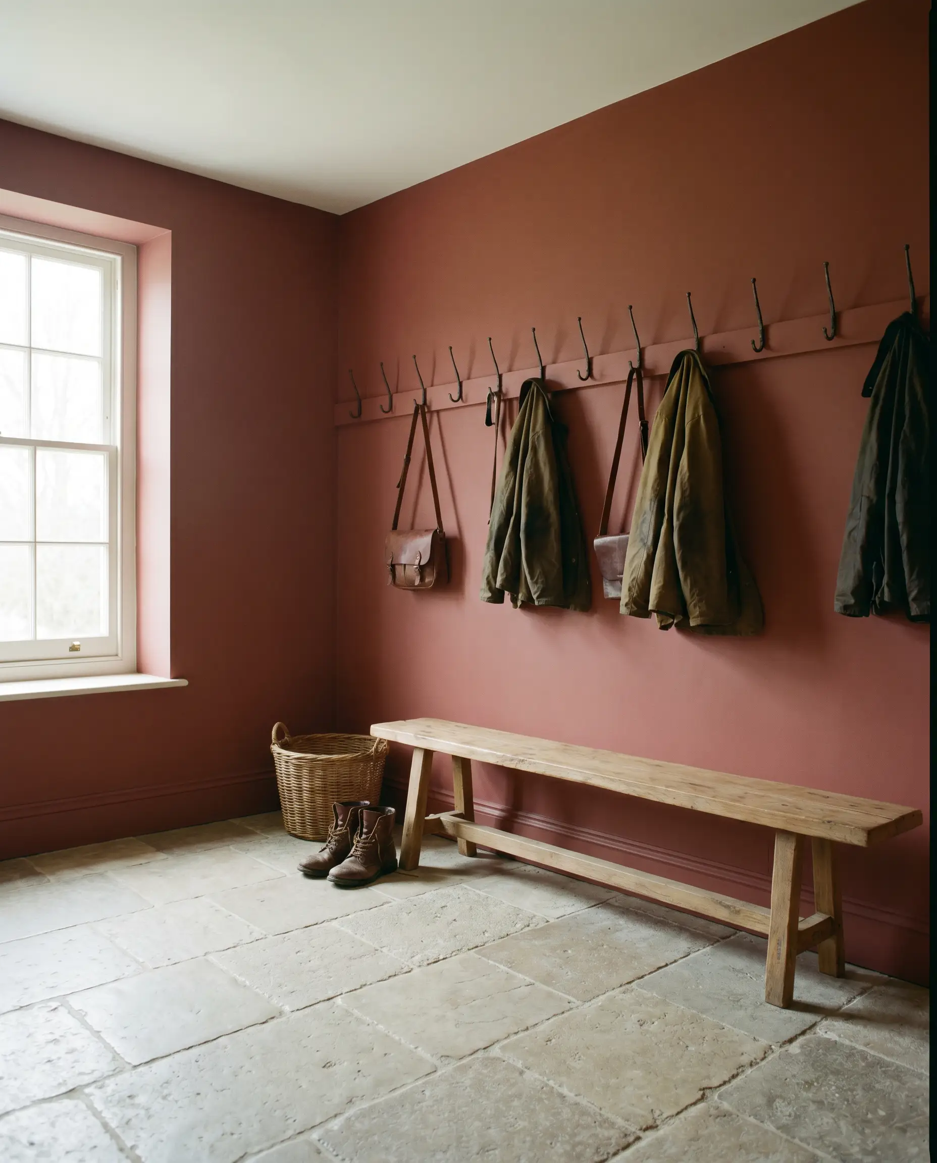 A transitional mudroom pairs durable tumbled limestone flooring with a simple wooden bench sitting beneath a row of sleek iron hooks mounted on deep terracotta warmth walls.