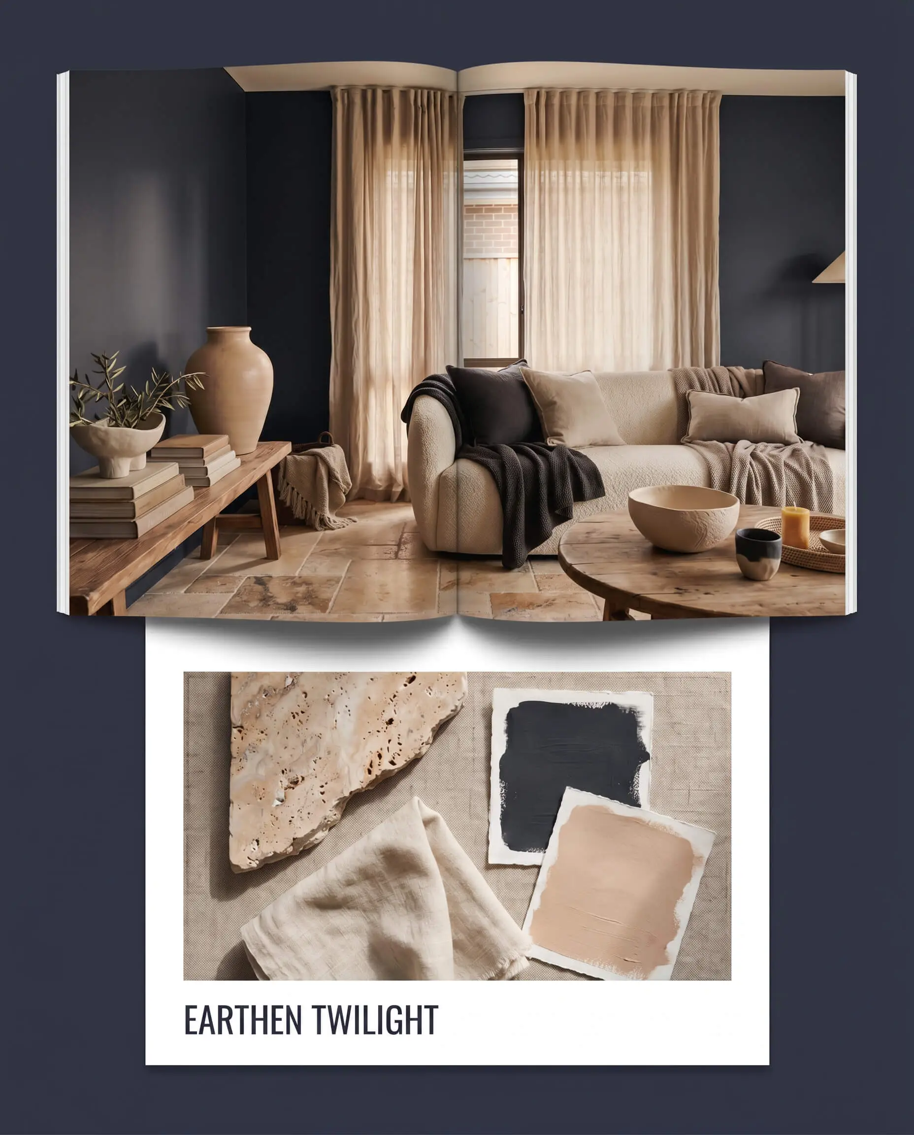 Tumbled travertine stone and linen textiles form a tactile flat-lay beneath an earthy living space featuring soft drapery and dark velvet-finished walls.