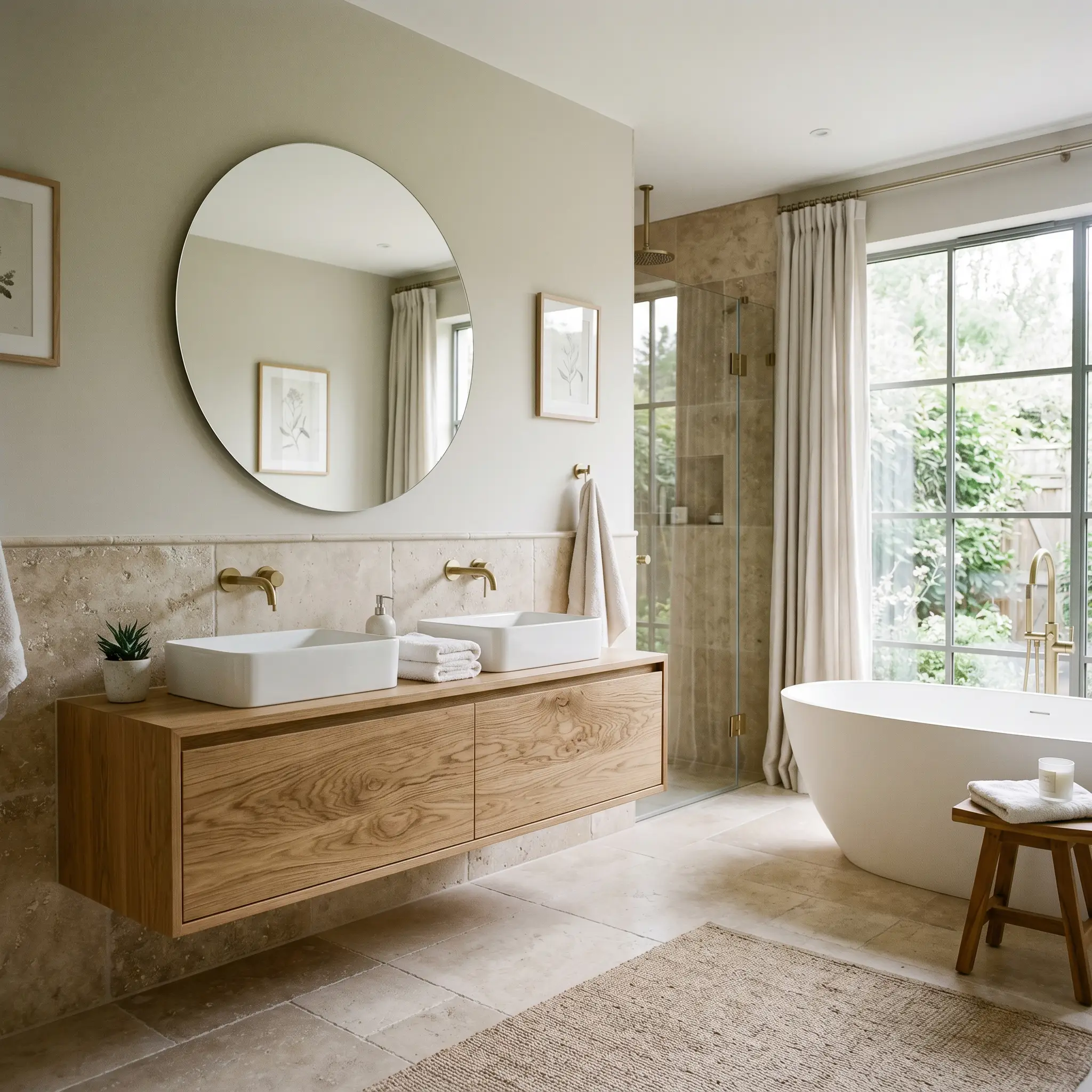 A floating vanity crafted from heavily grained white oak sits beneath a tumbled travertine tile wainscot and muted greige upper walls.
