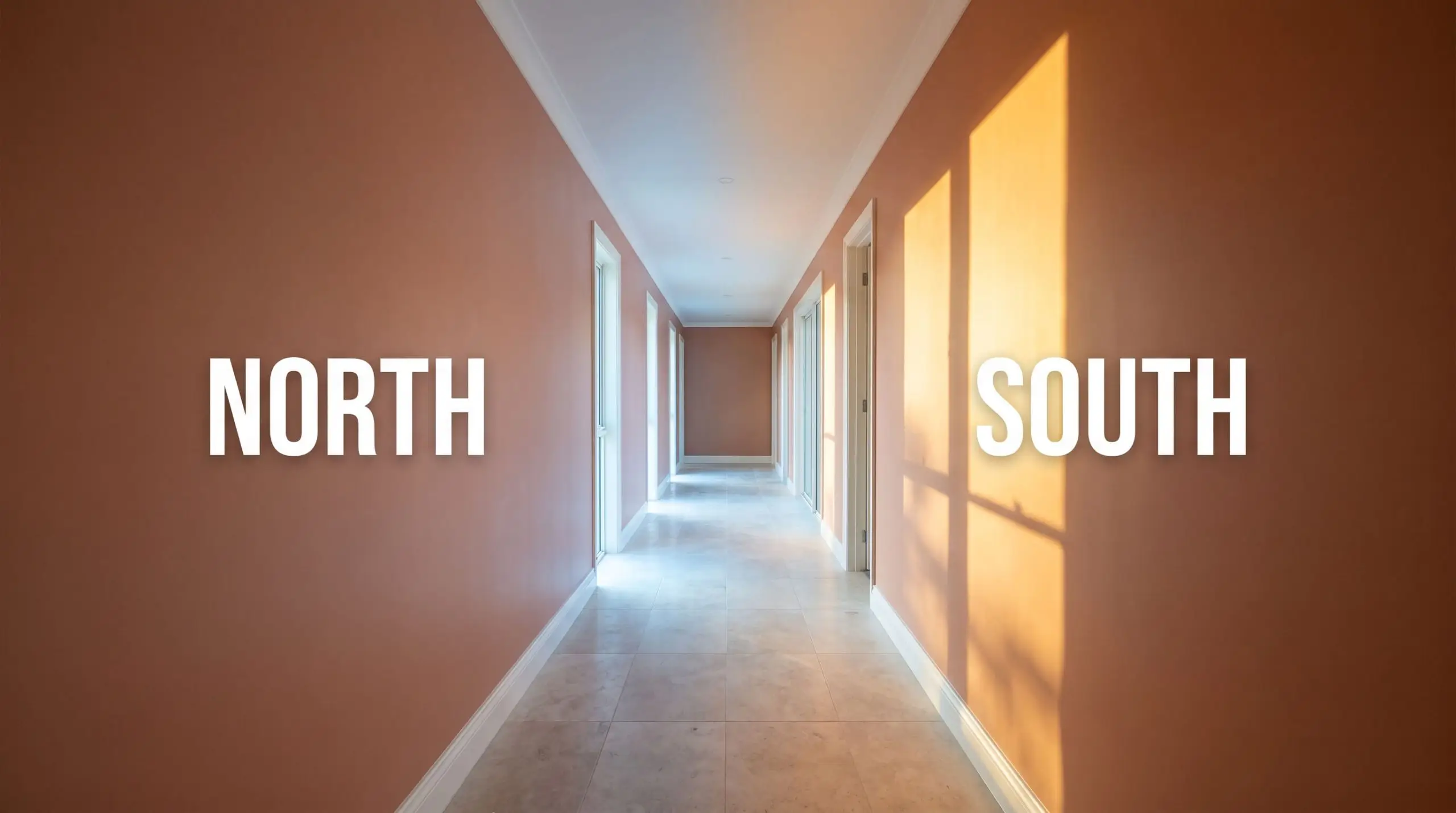 A long residential hallway painted in Dulux Tuscan Terracotta (Hex #D8967B) shifts from flat earthy brown in cool Northern light to vibrant red-orange in warm Southern exposure.
