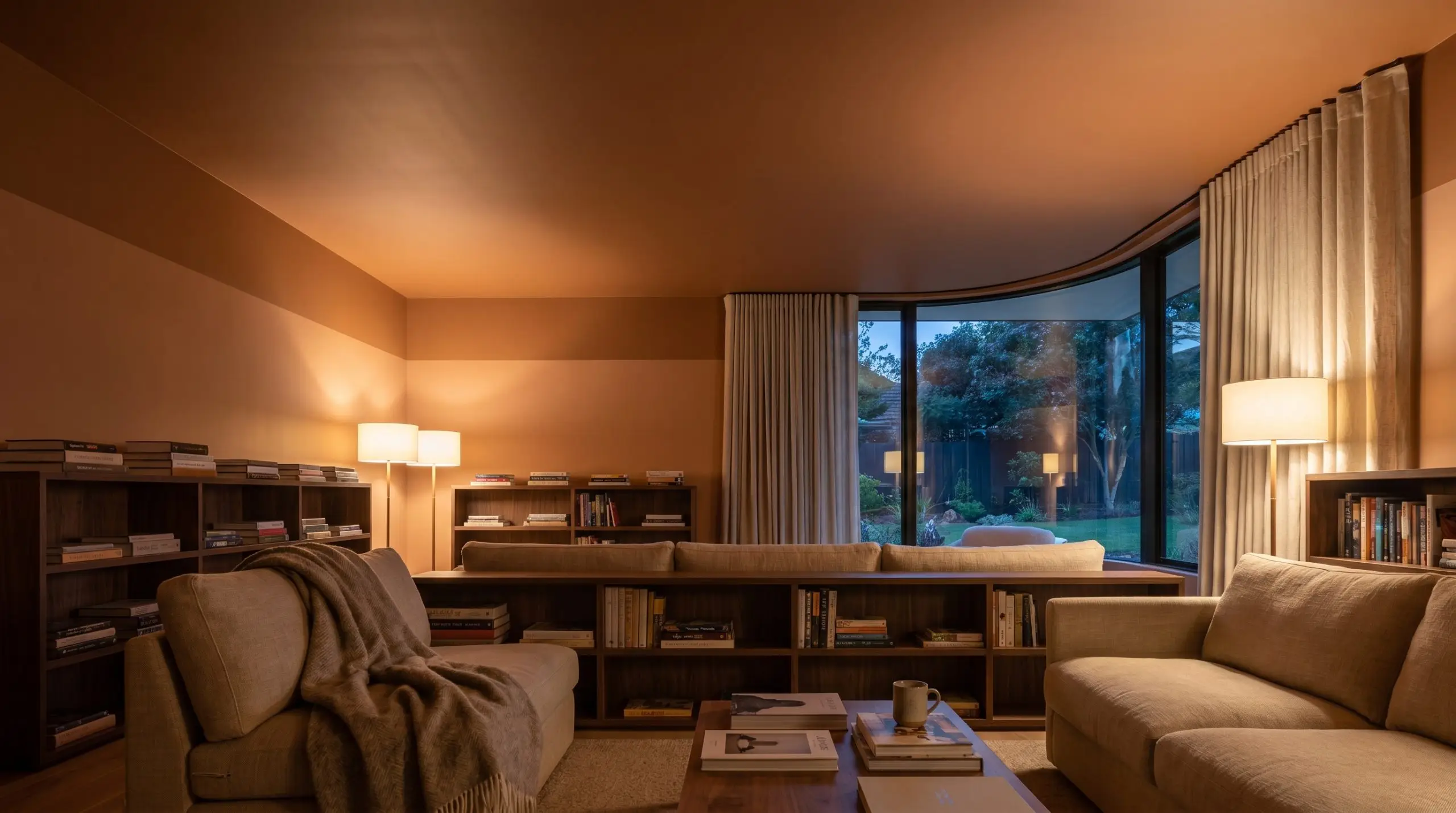A low-slung textured linen sofa and dark walnut veneer bookshelves sit beneath a tented ceiling painted in Dulux Tuscan Terracotta (Hex #D8967B).