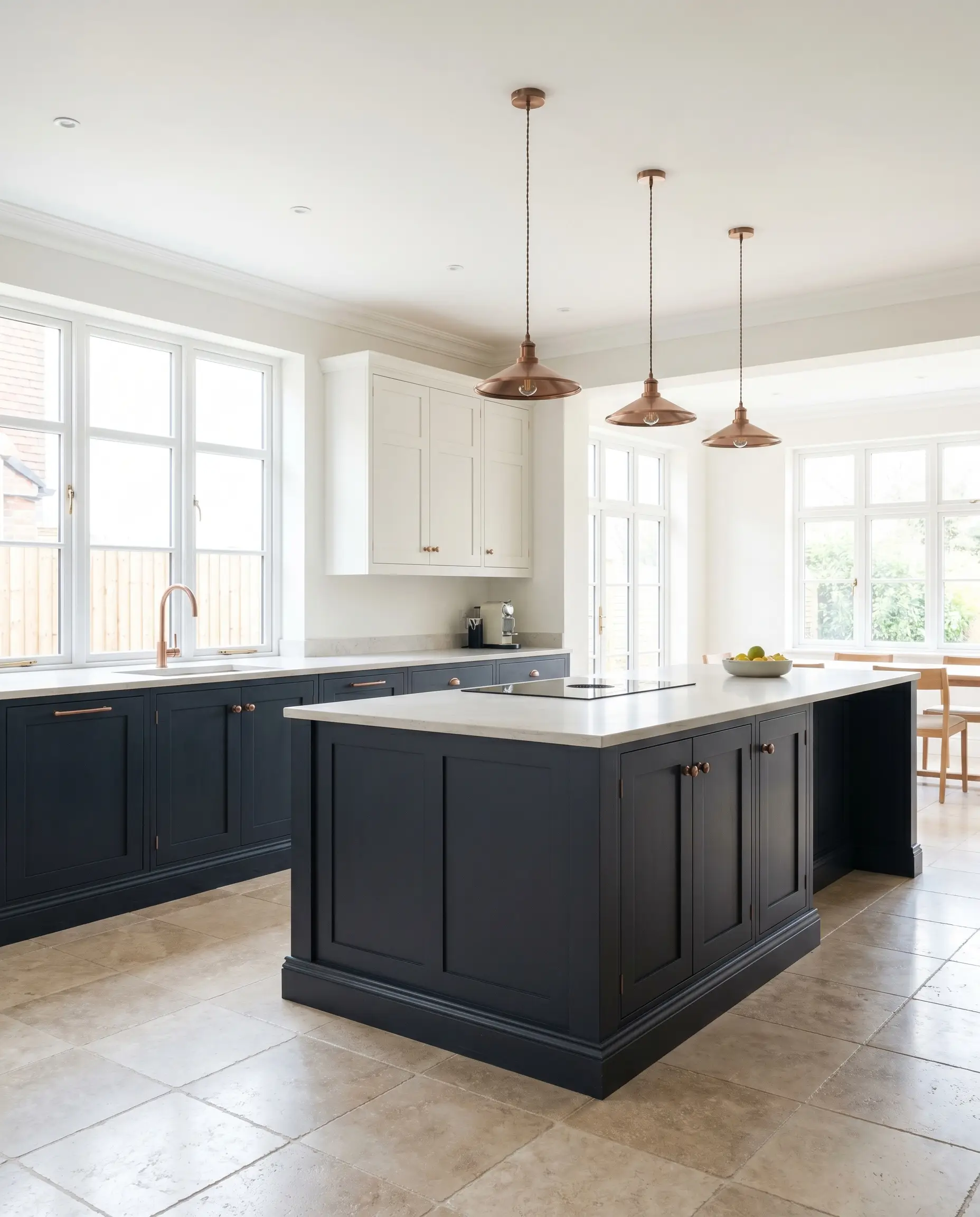 Tumbled travertine flooring and brushed copper fixtures anchor a classic contemporary tuxedo kitchen featuring lower cabinets painted in Dulux Slow Swing (Hex #2C3241).