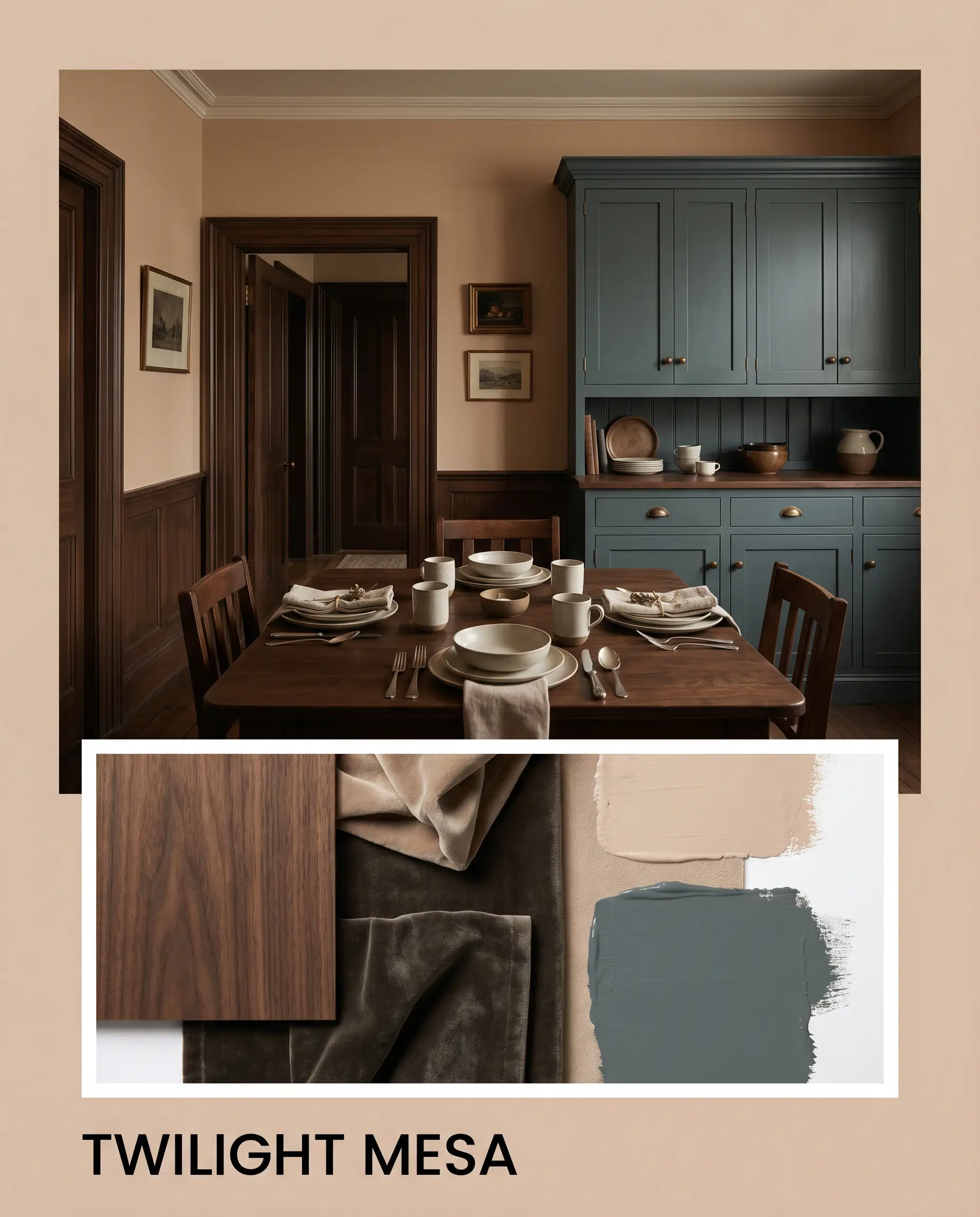 A moody historic dining room layout sits above a curated flat-lay containing dark walnut wood veneer, heavy velvet textiles, and warm neutral paint textures.
