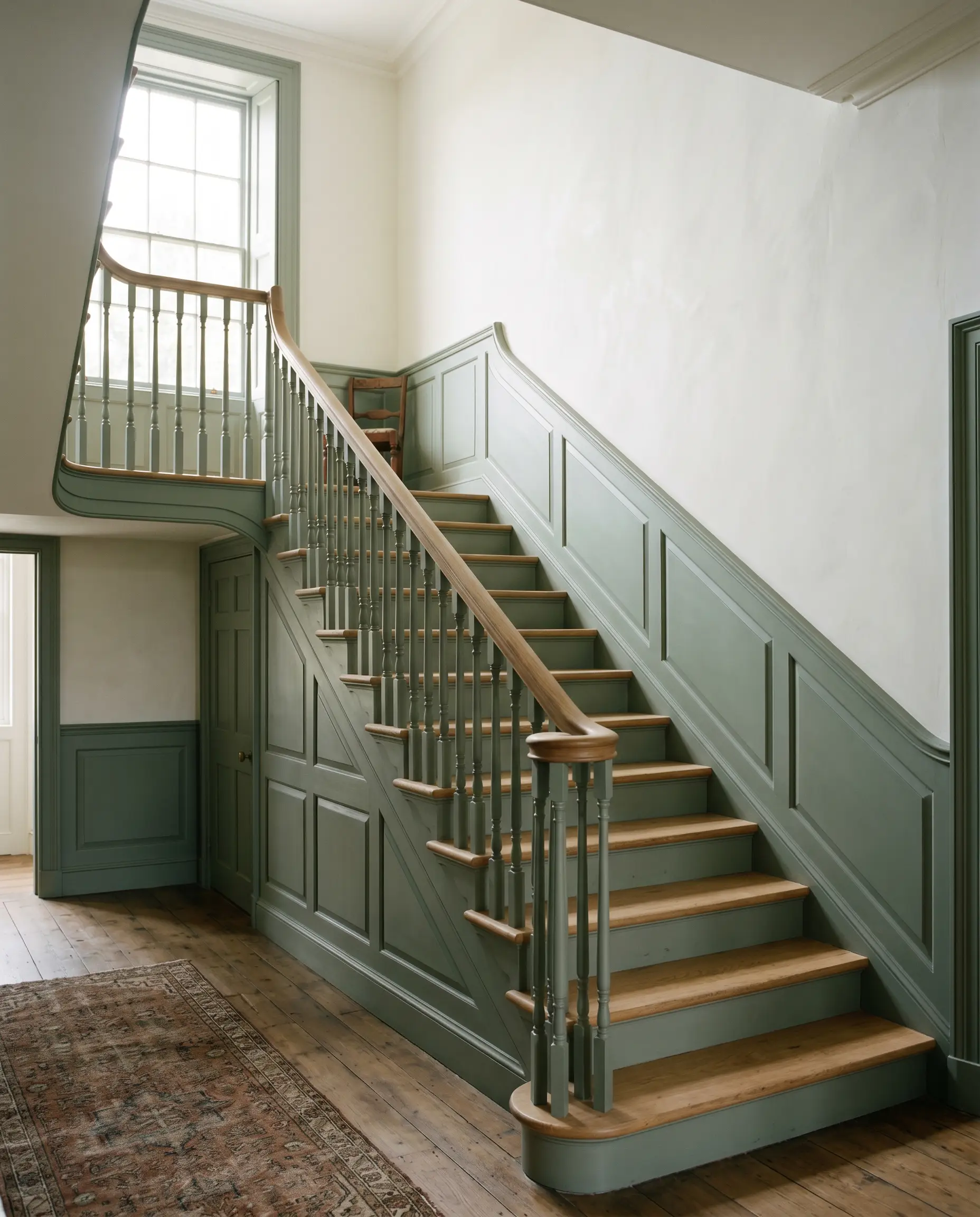 The lower half of a historic staircase features stringers, spindles, and a continuous wainscot painted in a moody grey-green, contrasting with bare oak stair treads and off-white upper walls.