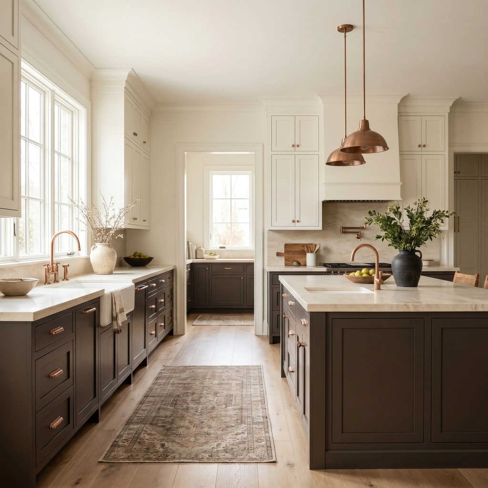 A bright sophisticated kitchen pairs caffeinated dark brown lower cabinetry and a central island with creamy natural stone countertops and brushed copper hardware.