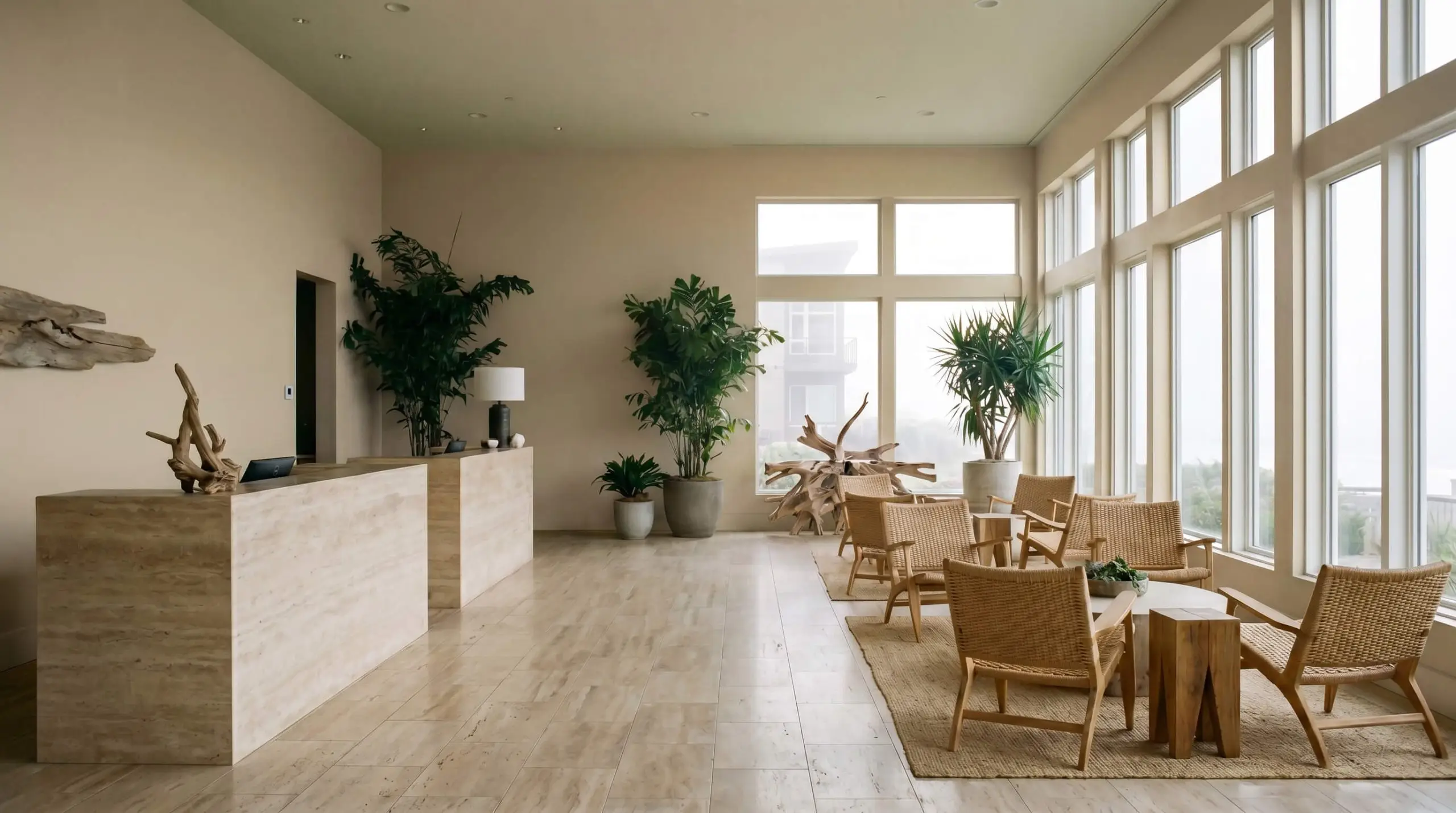 A boutique hotel lobby featuring raw, unfilled travertine reception desks and flooring is anchored by walls painted in Bleeker Beige (Hex #CDC0A8).
