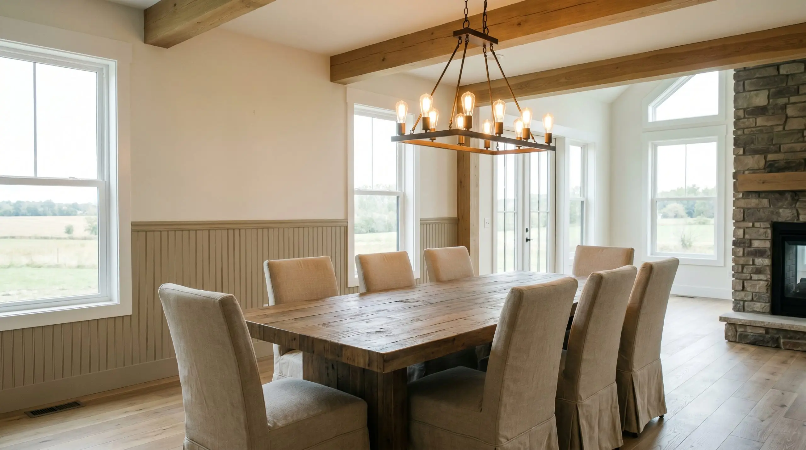 A modern rustic dining room features classic beadboard wainscoting painted in Sherwin-Williams Universal Khaki (Hex #B8A992), anchoring a reclaimed timber dining table and slipcovered linen chairs.