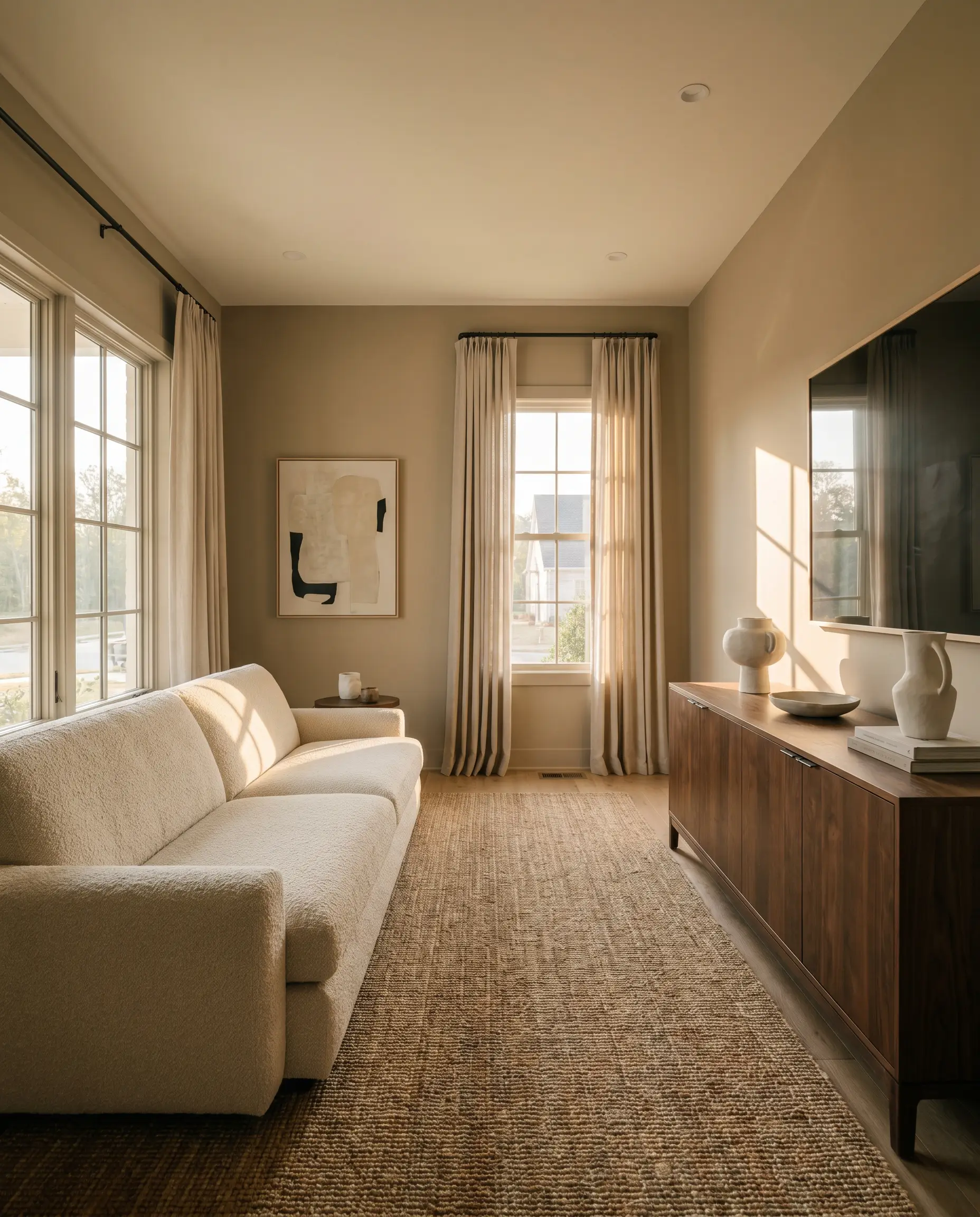 A modern transitional living room features walls painted in Sherwin-Williams Universal Khaki (Hex #B8A992), anchoring a cream bouclé sofa and a high-end dark walnut credenza.