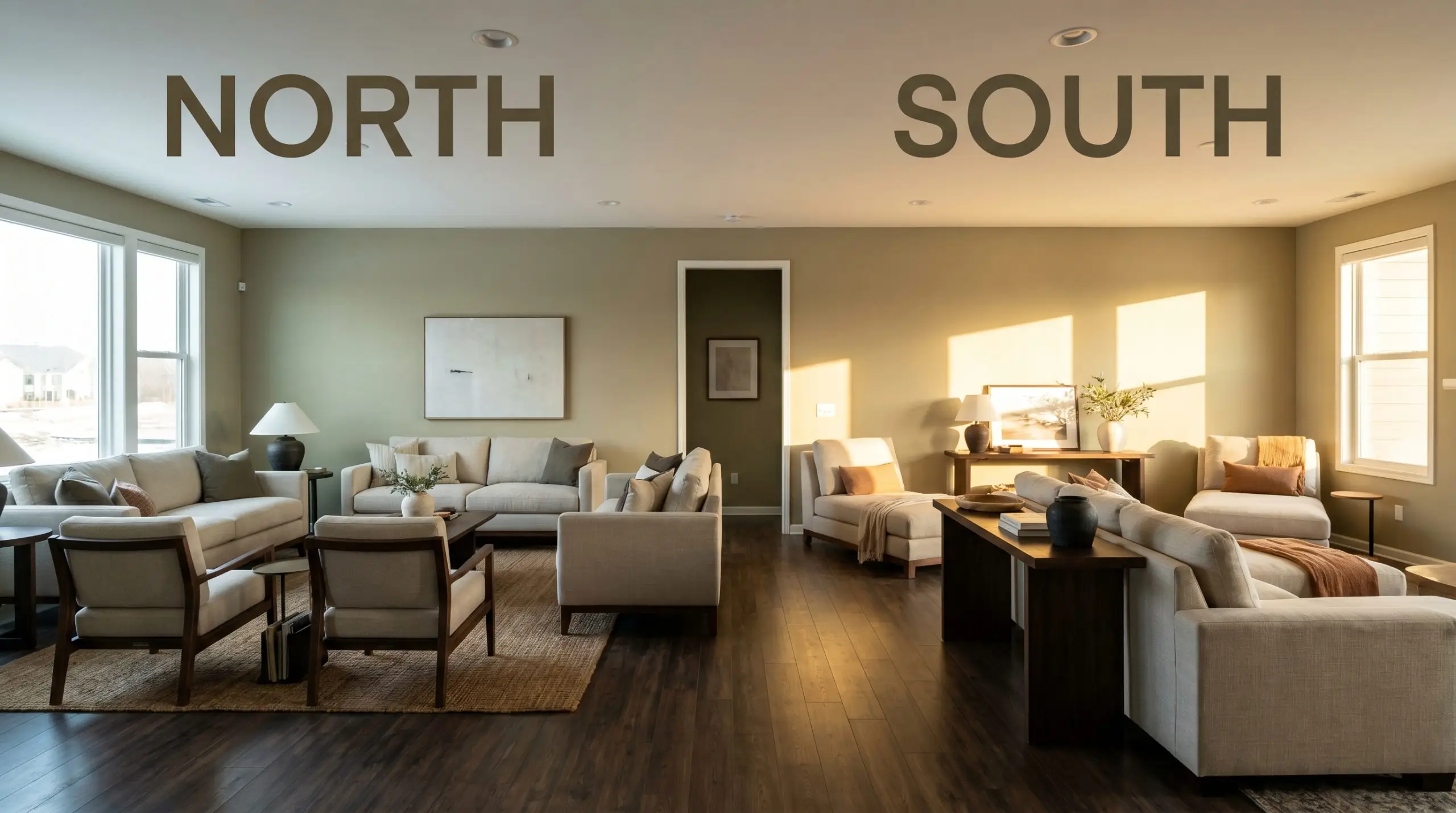 A continuous living room painted in Sherwin-Williams Universal Khaki (Hex #B8A992) demonstrates shifting color temperature, pulling subtle olive undertones in cool Northern light and radiating earthy khaki in warm Southern exposure.
