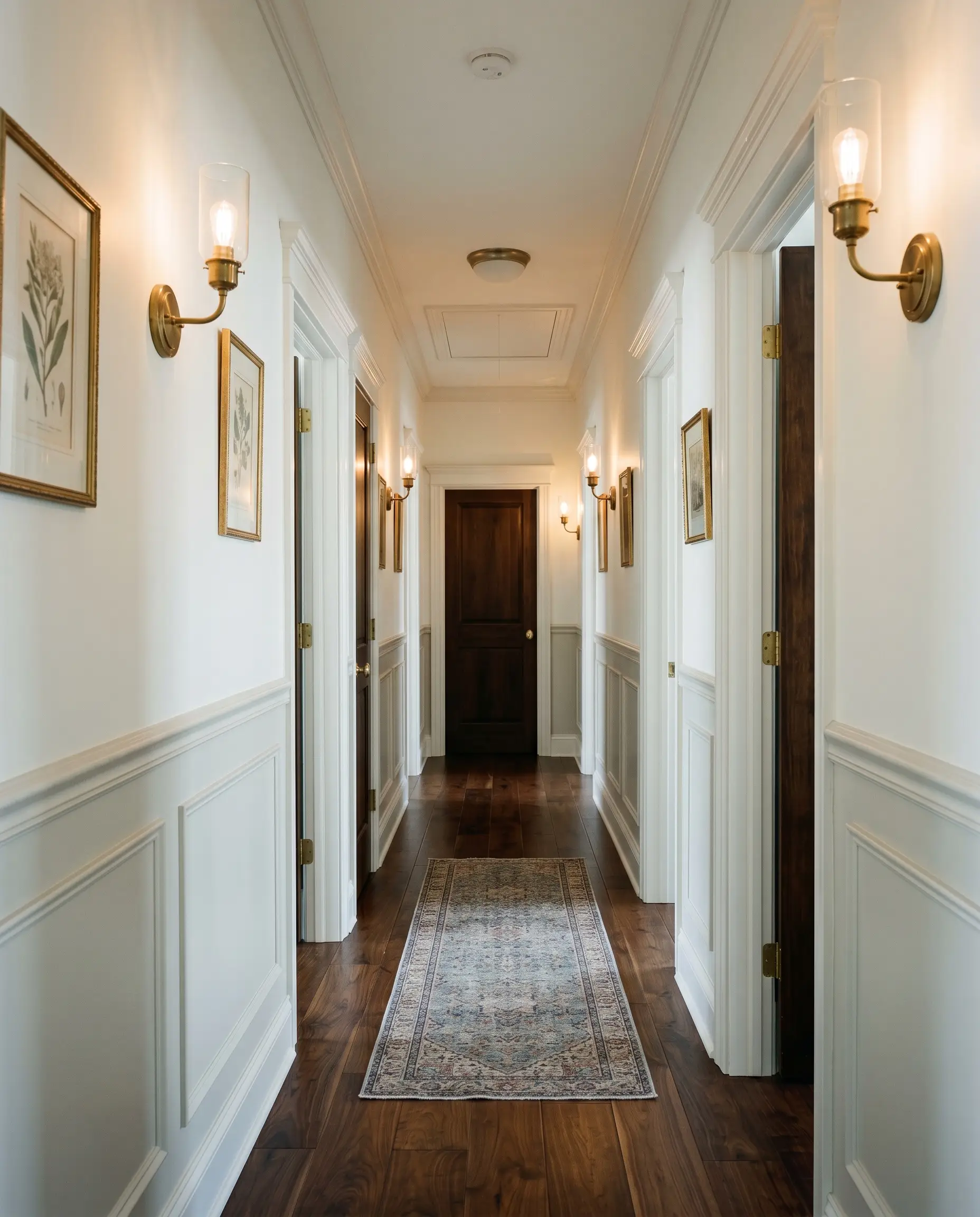 Warm overhead unlacquered brass sconces cast an ambient glow over traditional picture-frame wainscoting painted in a pale effortless gray along a narrow corridor with dark walnut hardwood floors.