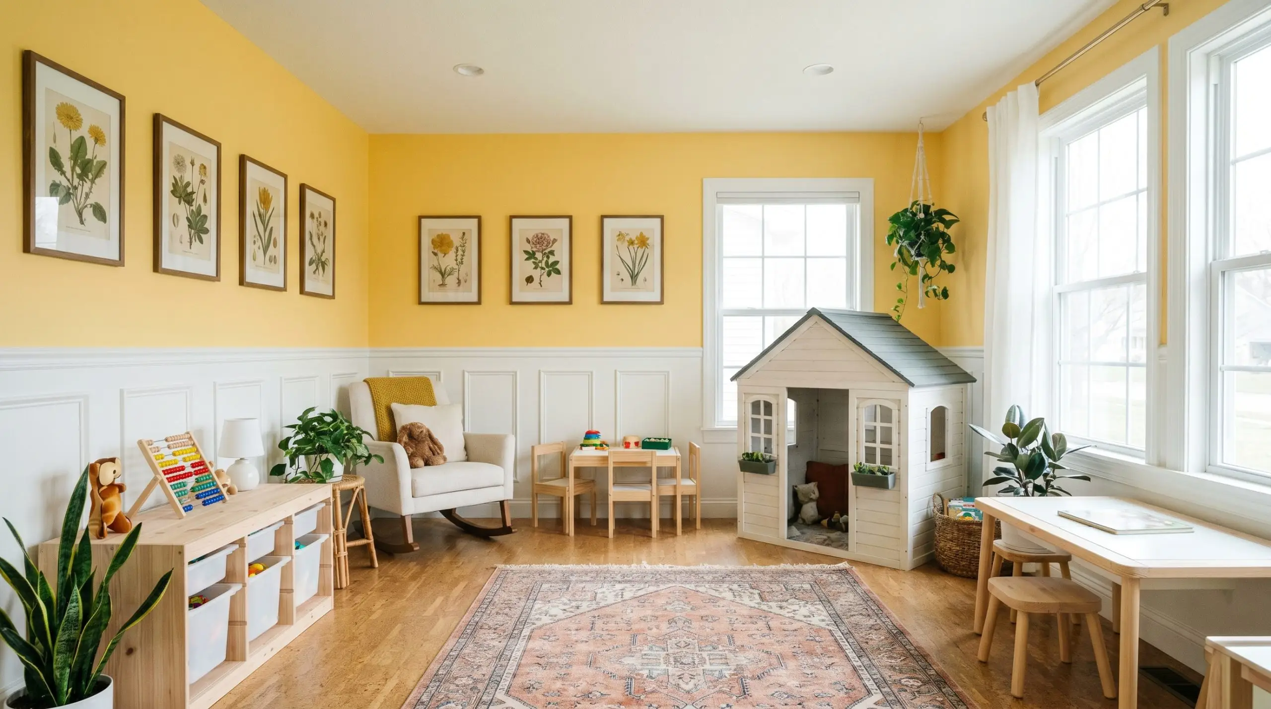 A classic storybook playroom pairs an optimistic yellow cast upper wall with crisp white wainscoting, natural cork flooring, and framed vintage botanical prints.