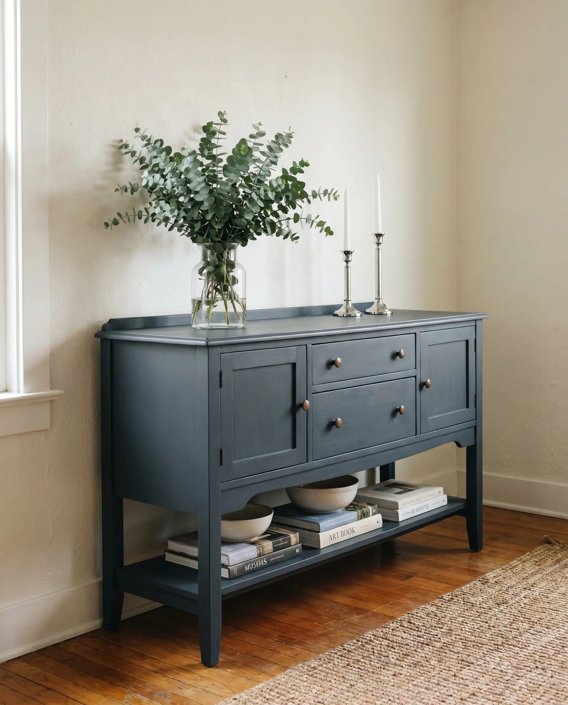 An upcycled dining room sideboard finished in a deep indigo hue holds a vase of fresh greenery and polished chrome candlesticks against a neutral wall.