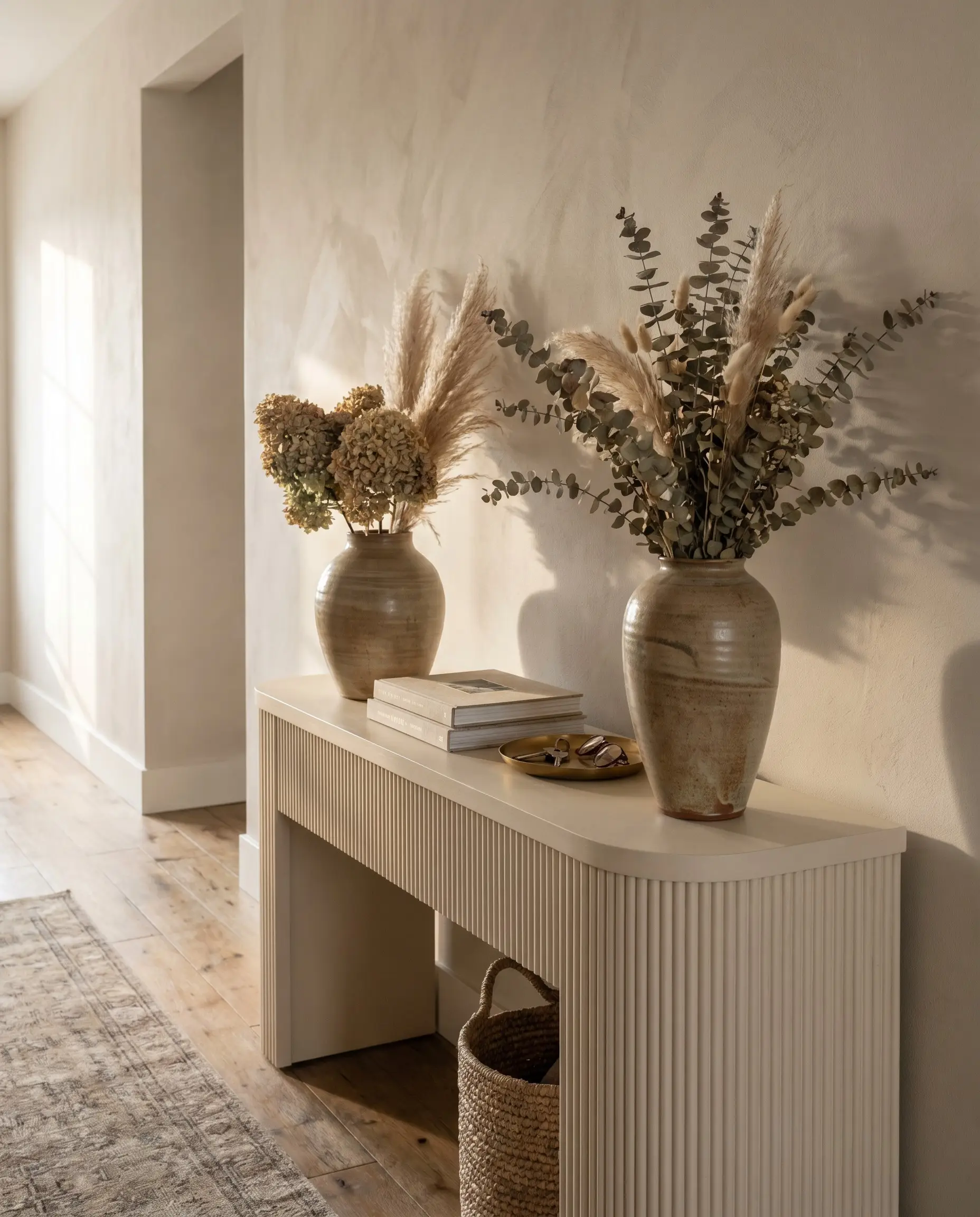 A ceramic vase holding dried florals rests on an upcycled fluted console table painted in a soft neutral base against a hallway wall.