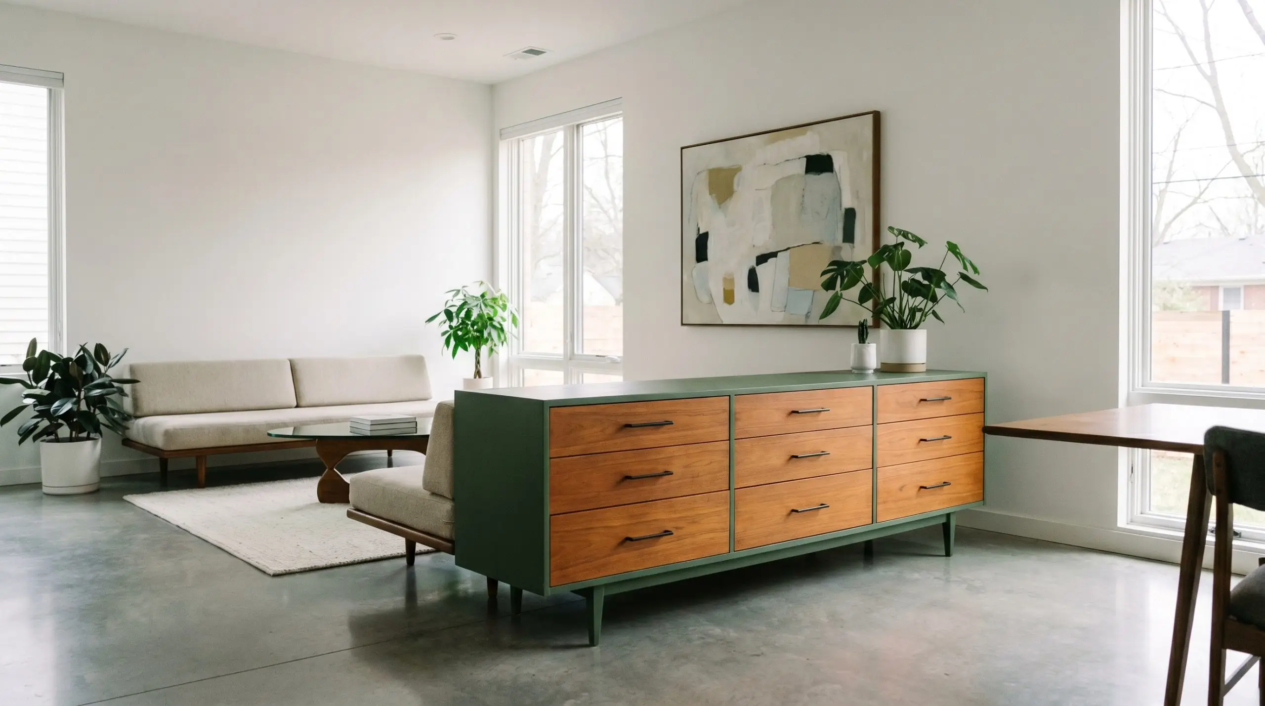 A thrifted mid-century credenza features a warm earthy green exterior casing that perfectly frames the original warm teak drawer fronts and sleek matte black hardware.