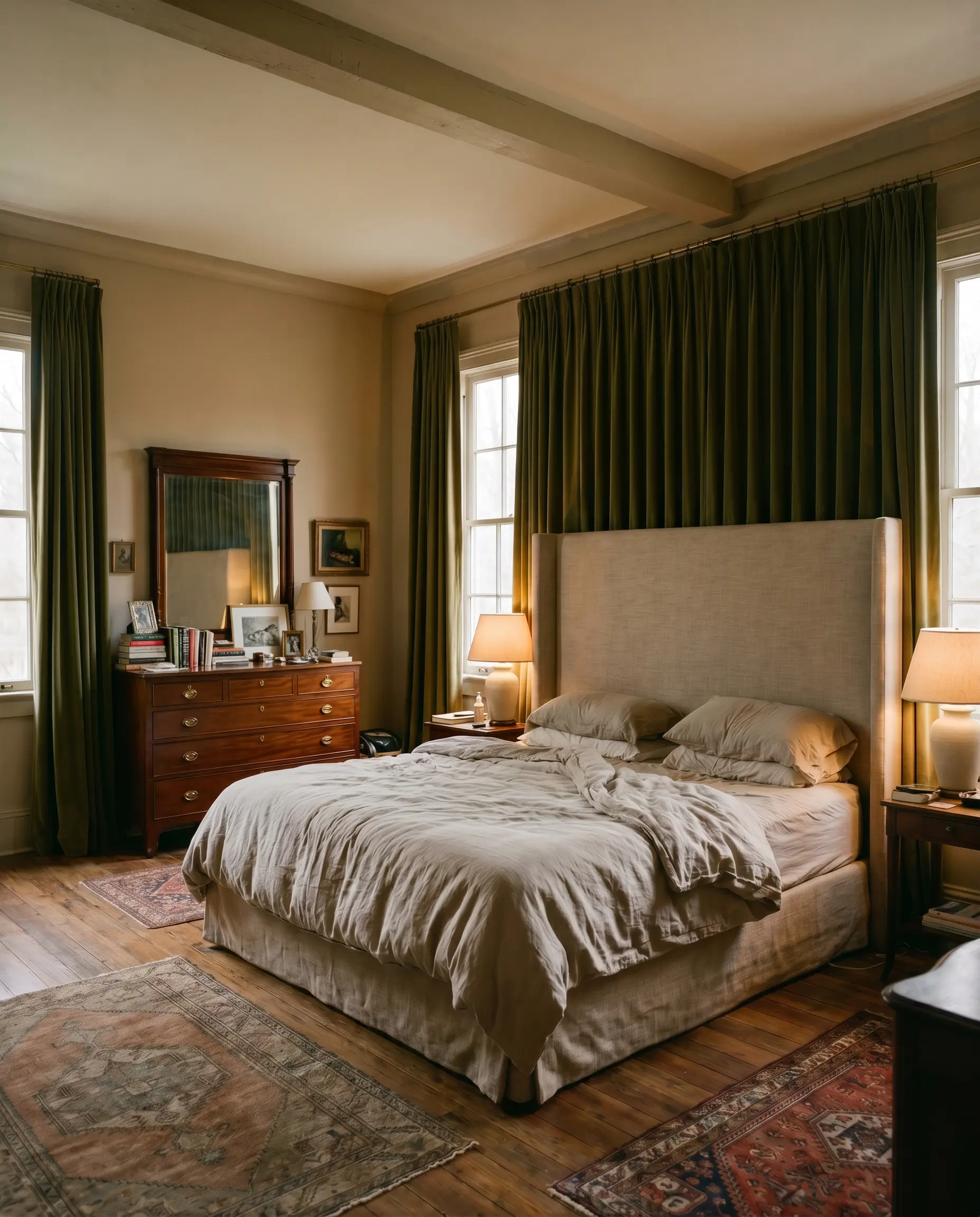 A massive upholstered linen headboard and an antique mahogany dresser sit against a mid-tone neutral wall framed by heavy velvet window treatments.