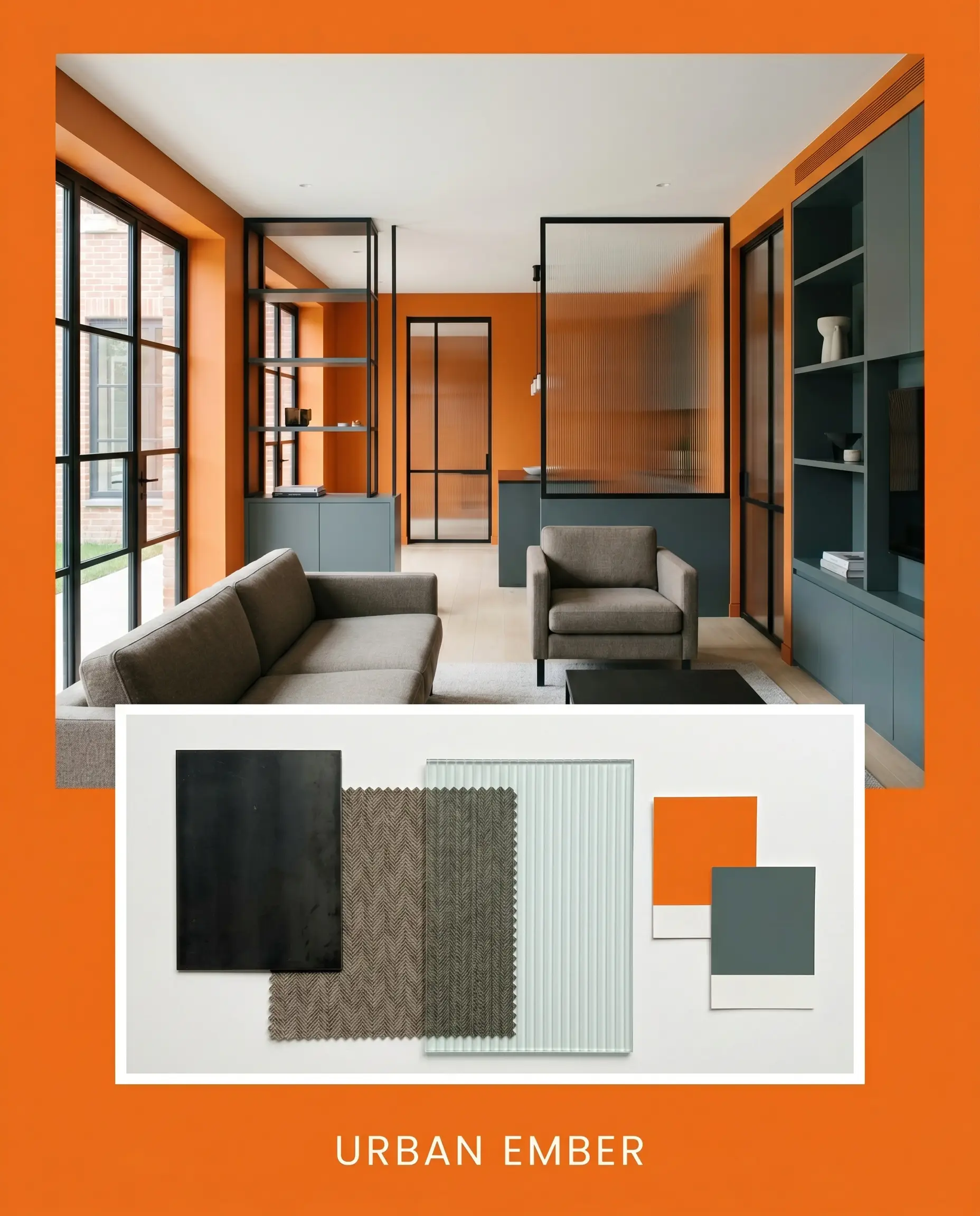 A magazine layout titled URBAN EMBER showcases a contemporary living space with vibrant orange walls above a flat-lay of blackened steel, worsted wool, and reeded glass.
