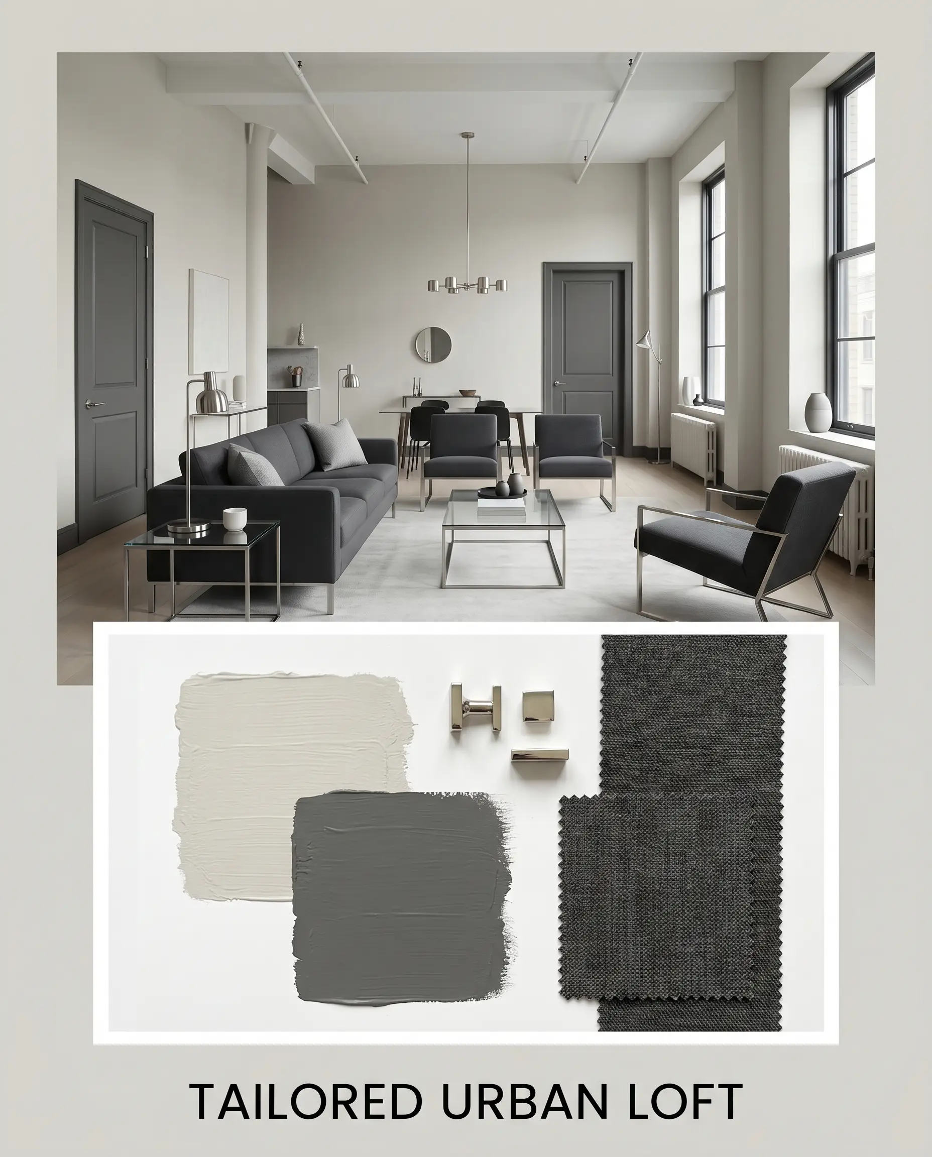 An editorial layout titled TAILORED URBAN LOFT features a photorealistic room shot with dark interior doors, polished nickel hardware, and sleek charcoal fabric swatches.