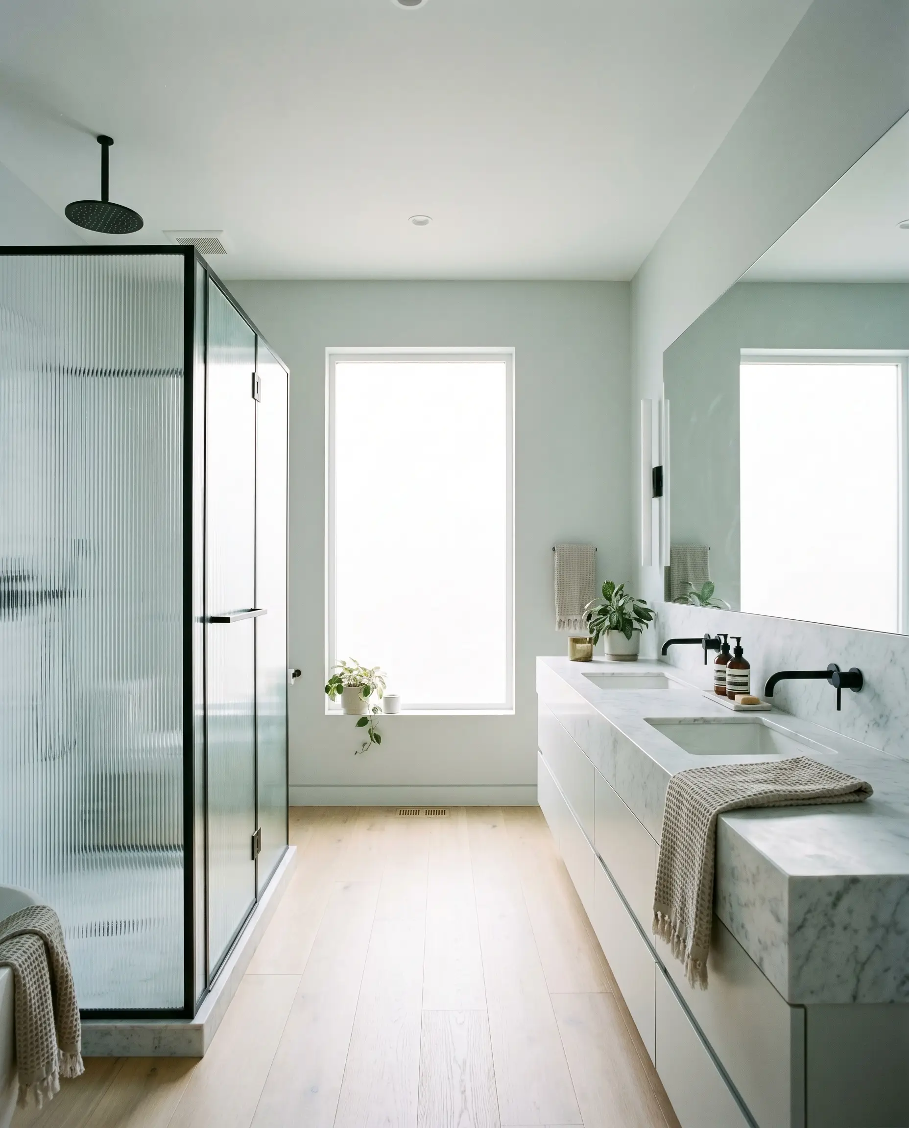 A floating vanity topped with honed Carrara marble and matte black fixtures defines an urban modern bathroom painted in Benjamin Moore Marilyn's Dress (Hex #E0E4E4).