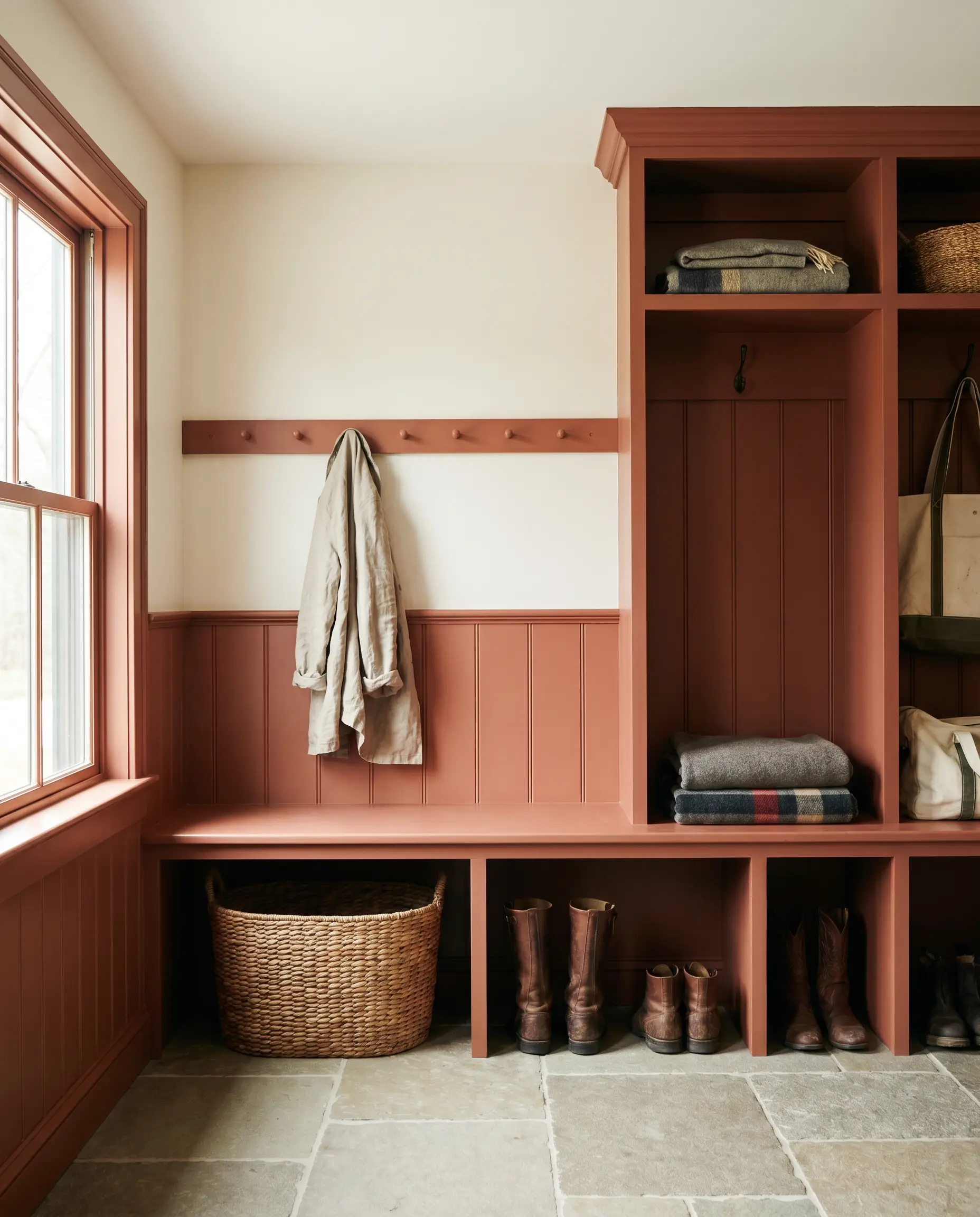A utilitarian mudroom features a continuous wainscoting wrap, built-in bench, and cubbies painted in Benjamin Moore Baked Terra Cotta (Hex #B36957) below soft warm white upper walls.
