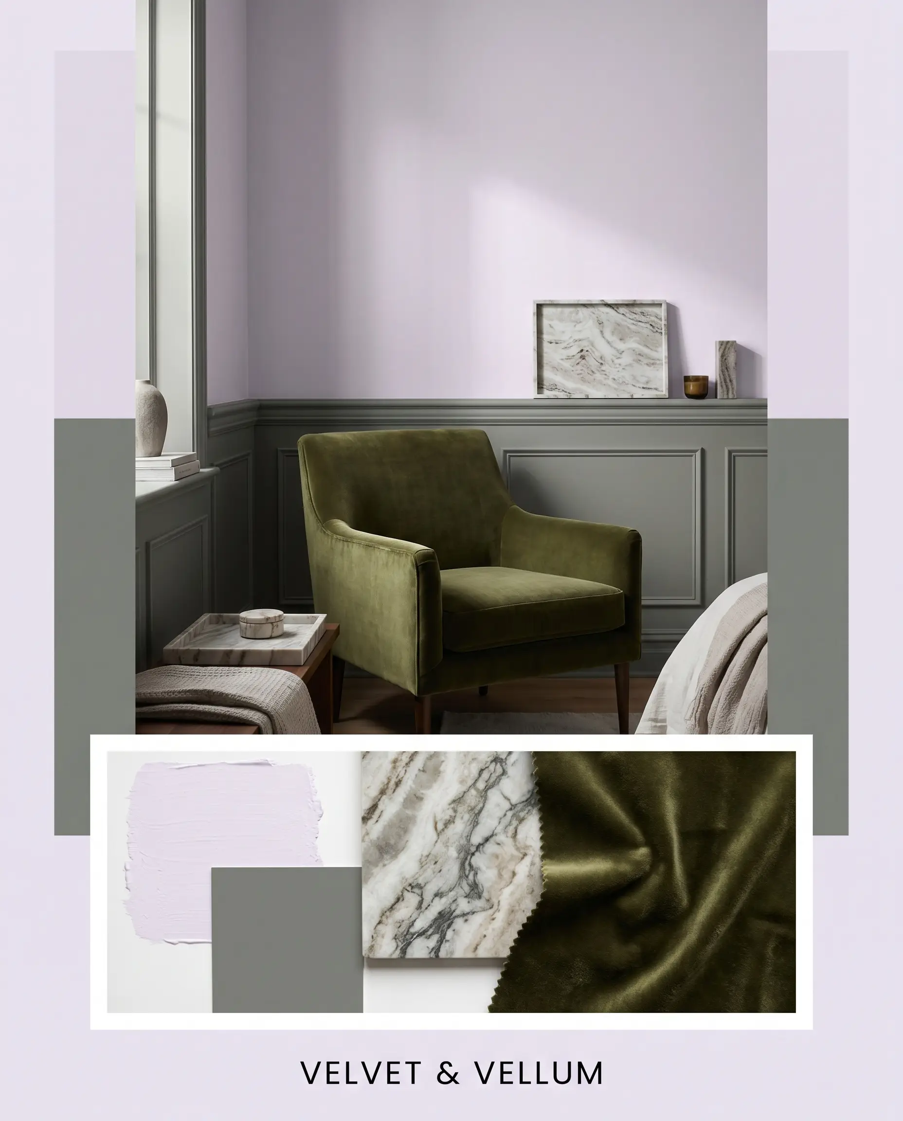 A heavily veined honed marble piece and deep olive velvet fabric swatch introduce a romantic sensory living space with pale violet and muted green wainscoting.