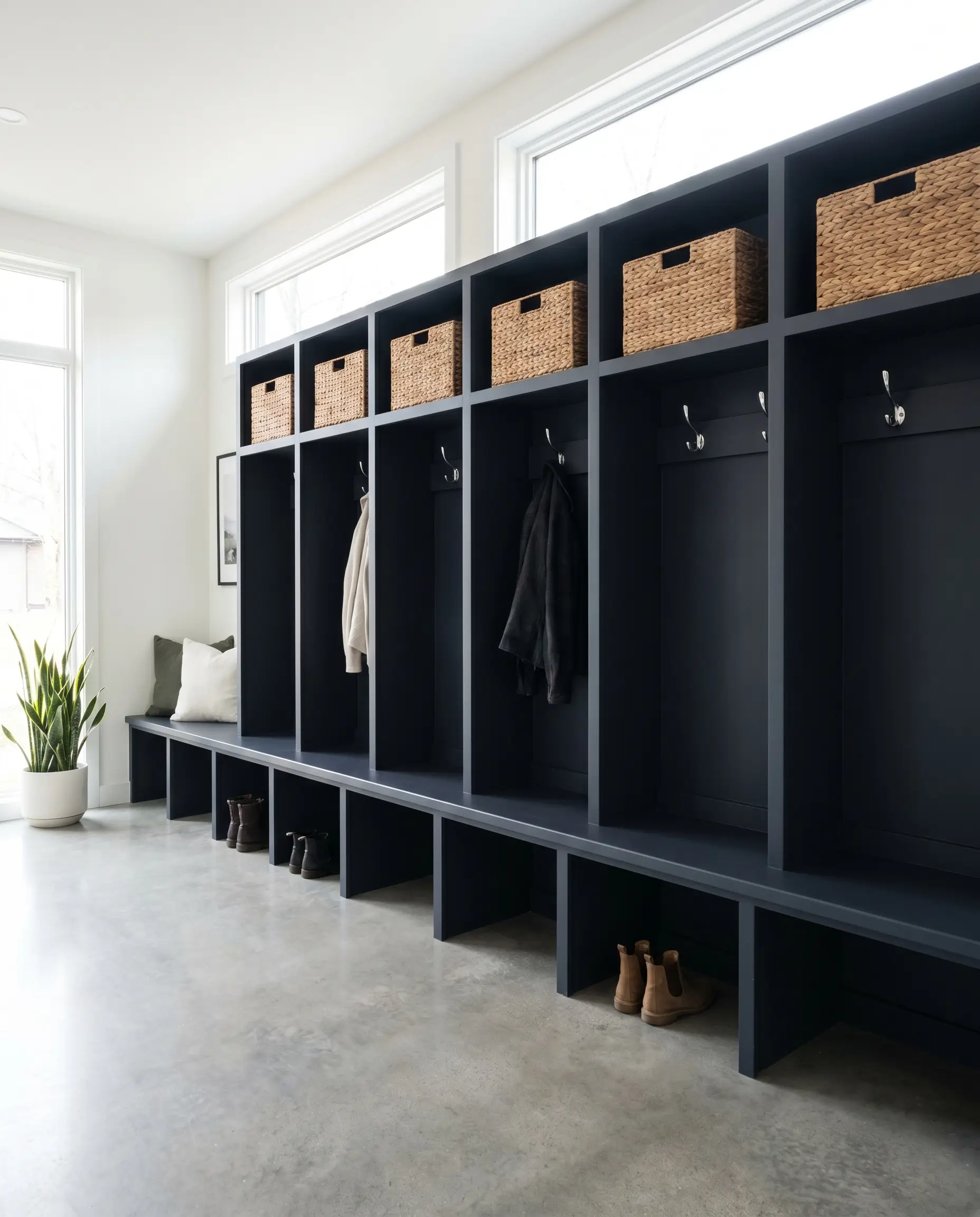 Built-in MDF mudroom lockers painted in Dulux Black Opal feature woven rattan storage baskets and polished chrome coat hooks against crisp white walls.