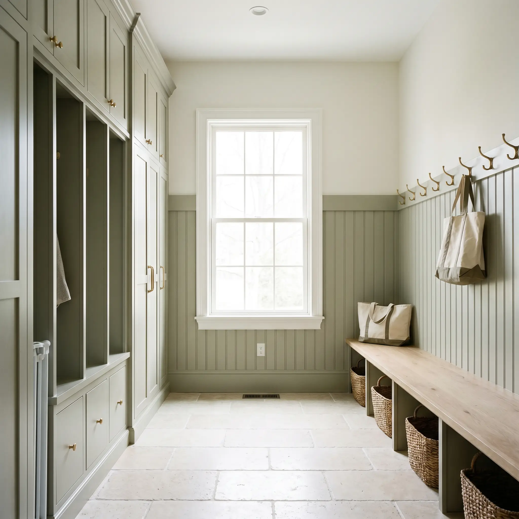 Custom built-in lockers and beadboard wainscoting painted in a botanical neutral sage green contrast with tumbled limestone floors and unlacquered brass hooks in a mudroom.