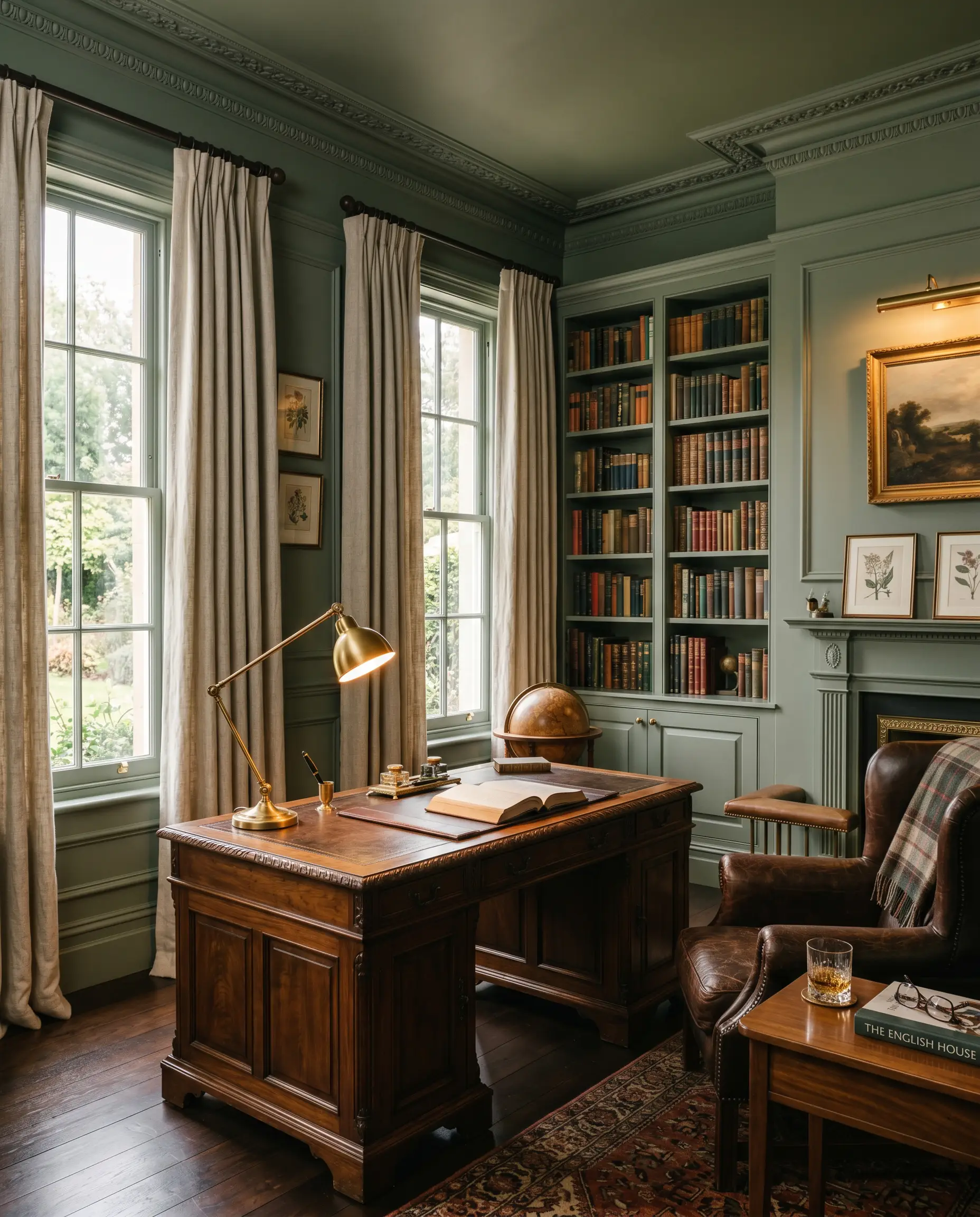 A classic Victorian study features walls, trim, and ceiling completely color-drenched in Farrow & Ball Card Room Green (Hex #878f81), complementing a rich walnut desk and heavily textured linen drapery.