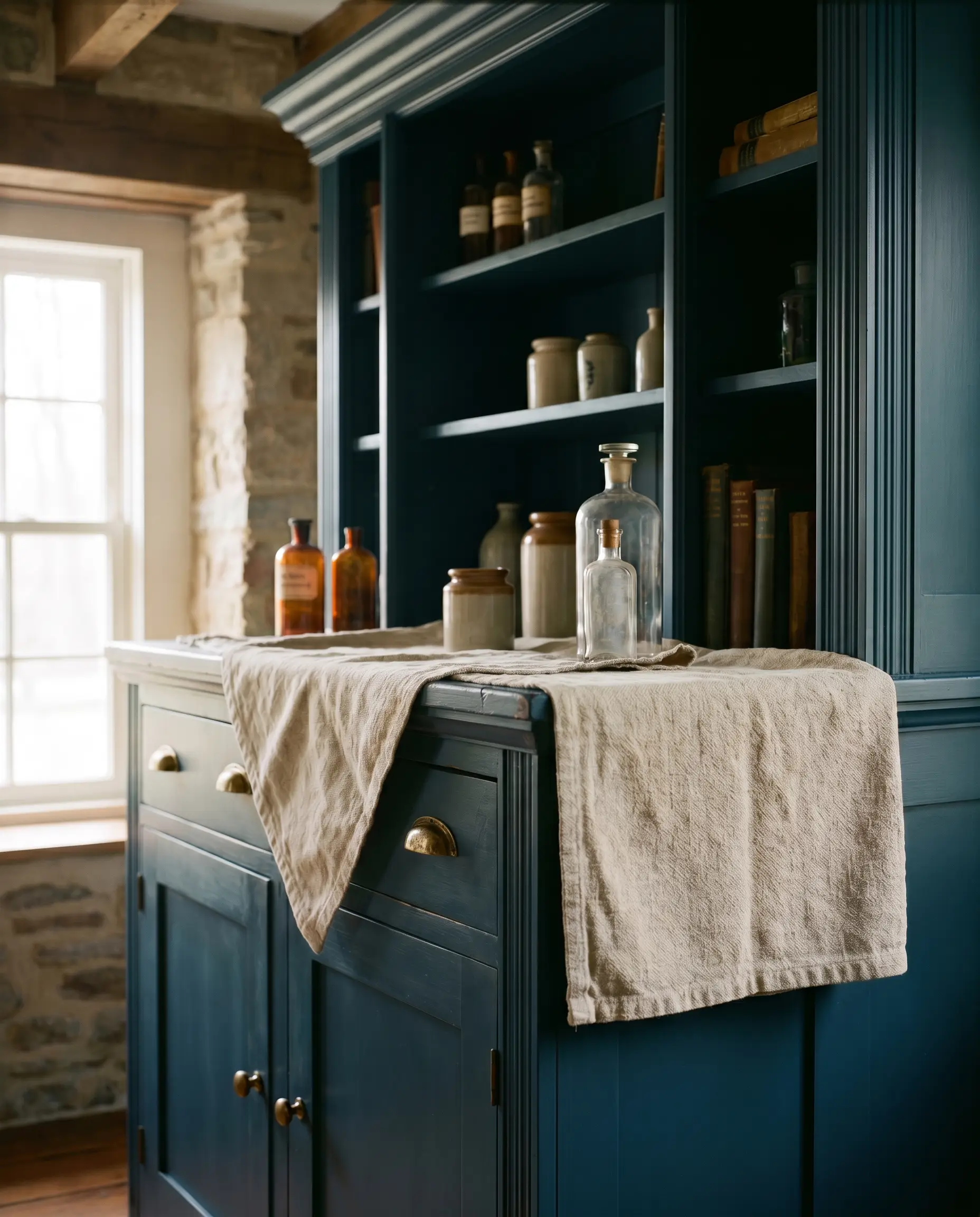 A heavy linen runner drapes partially over a vintage apothecary cabinet finished in a dark slate blue satin with knurled brass pulls.