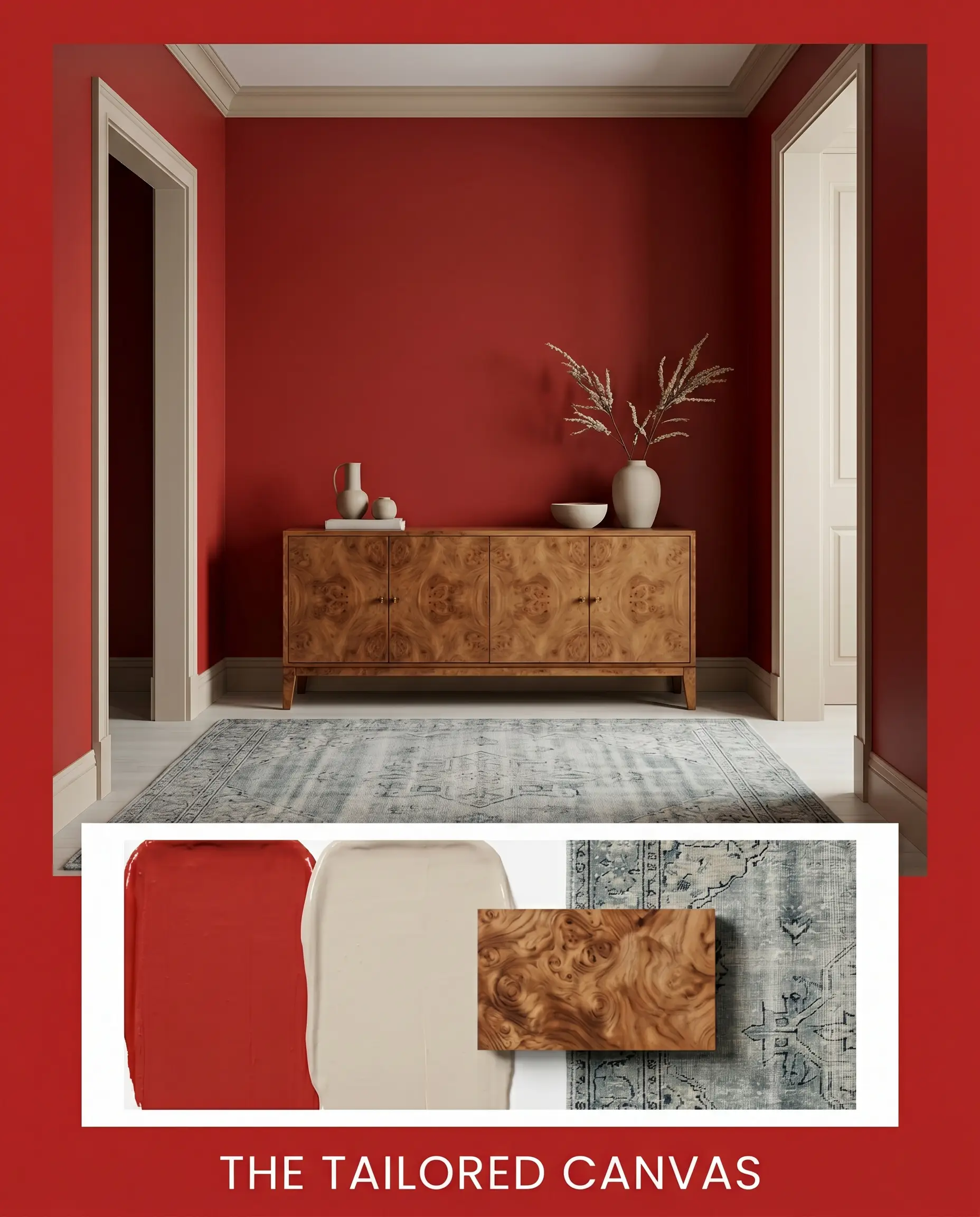 A vintage burl wood credenza and minimalist ceramics sit in a serene entryway with rich warm undertone red walls and beige trim above a material flat-lay featuring a cool-toned vintage rug.
