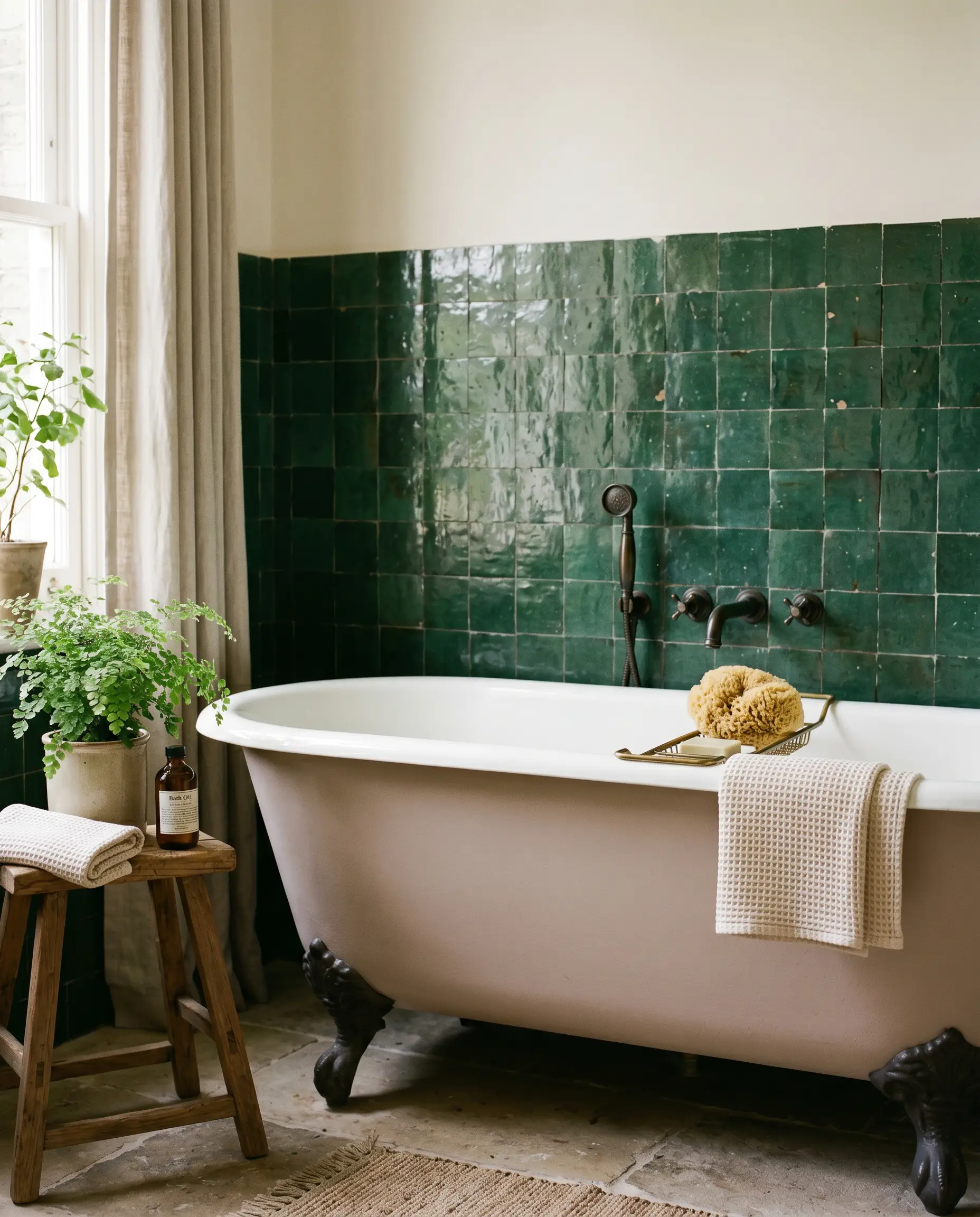 A vintage cast iron clawfoot tub painted in a muted pink sits elegantly against a wall of glossy, deep green zellige tiles.